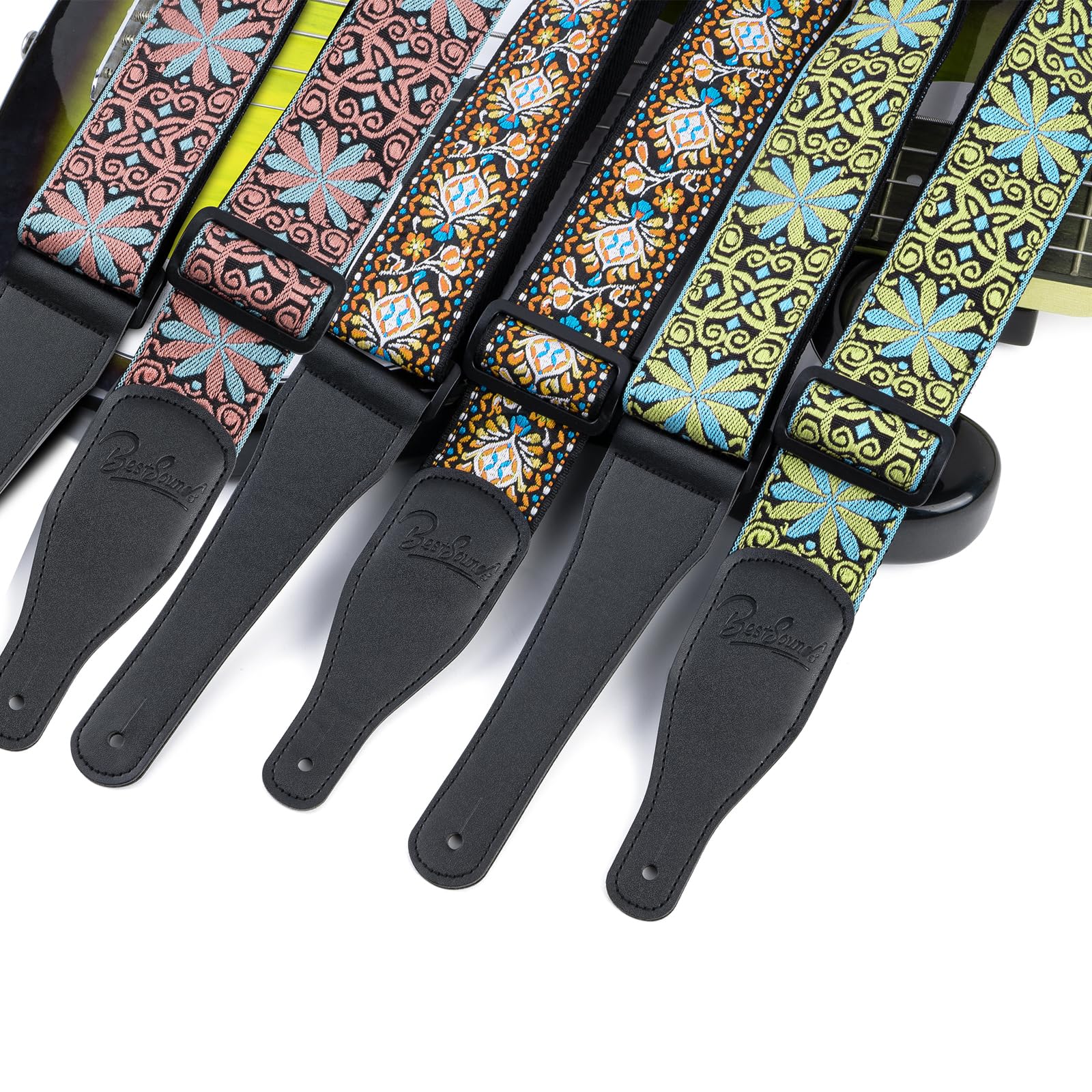 Premium Jacquard Embroidered Cotton Guitar Strap with Genuine Leather Ends - Adjustable Shoulder Strap for Bass, Acoustic & Electric Guitars - Perfect for Live Performances, Studio Sessions & Music Practice