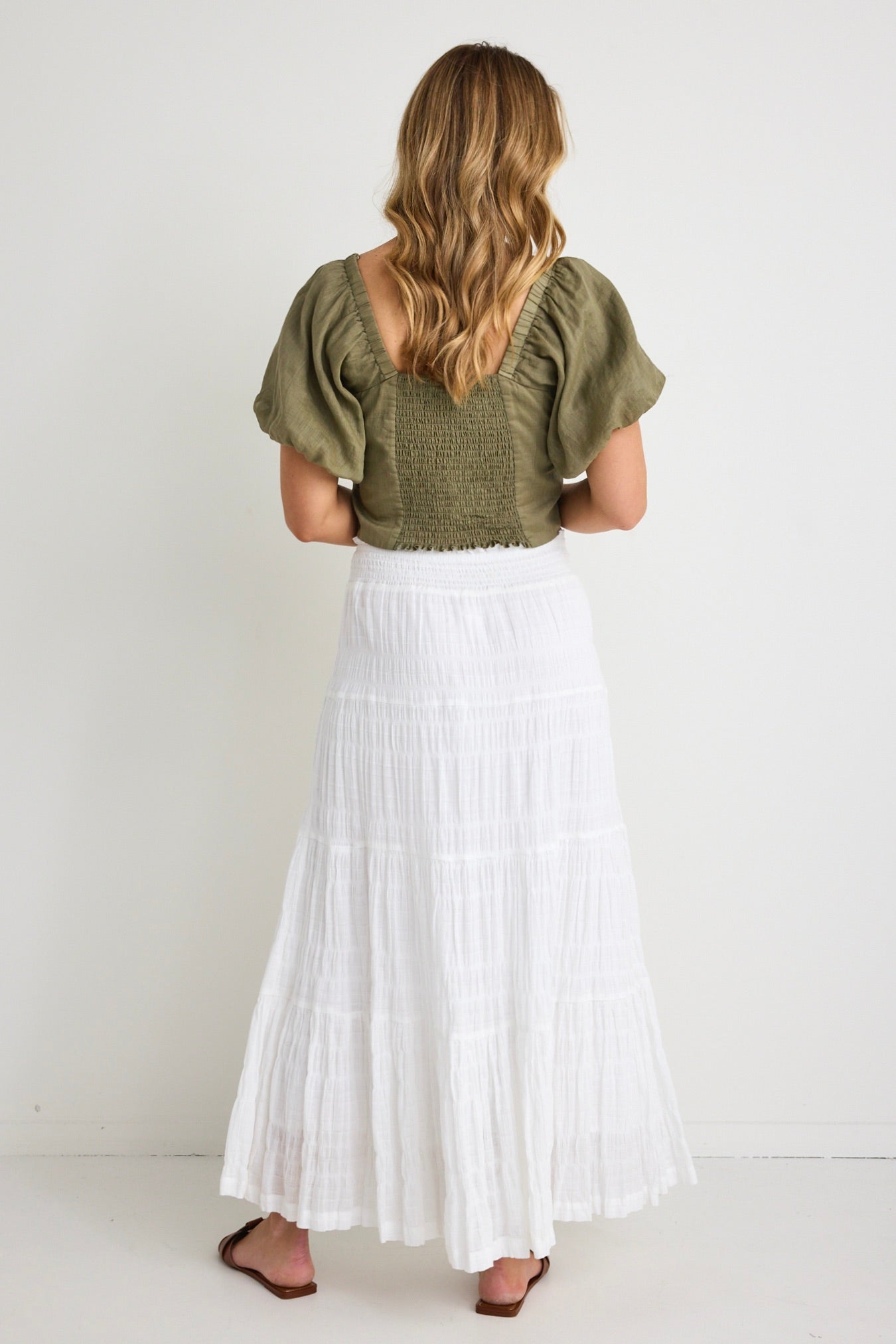 Elegant White Cotton Shirred Tiered Maxi Skirt for Women - Boho Summer Beach Dress, Perfect for Vacations & Casual Outings