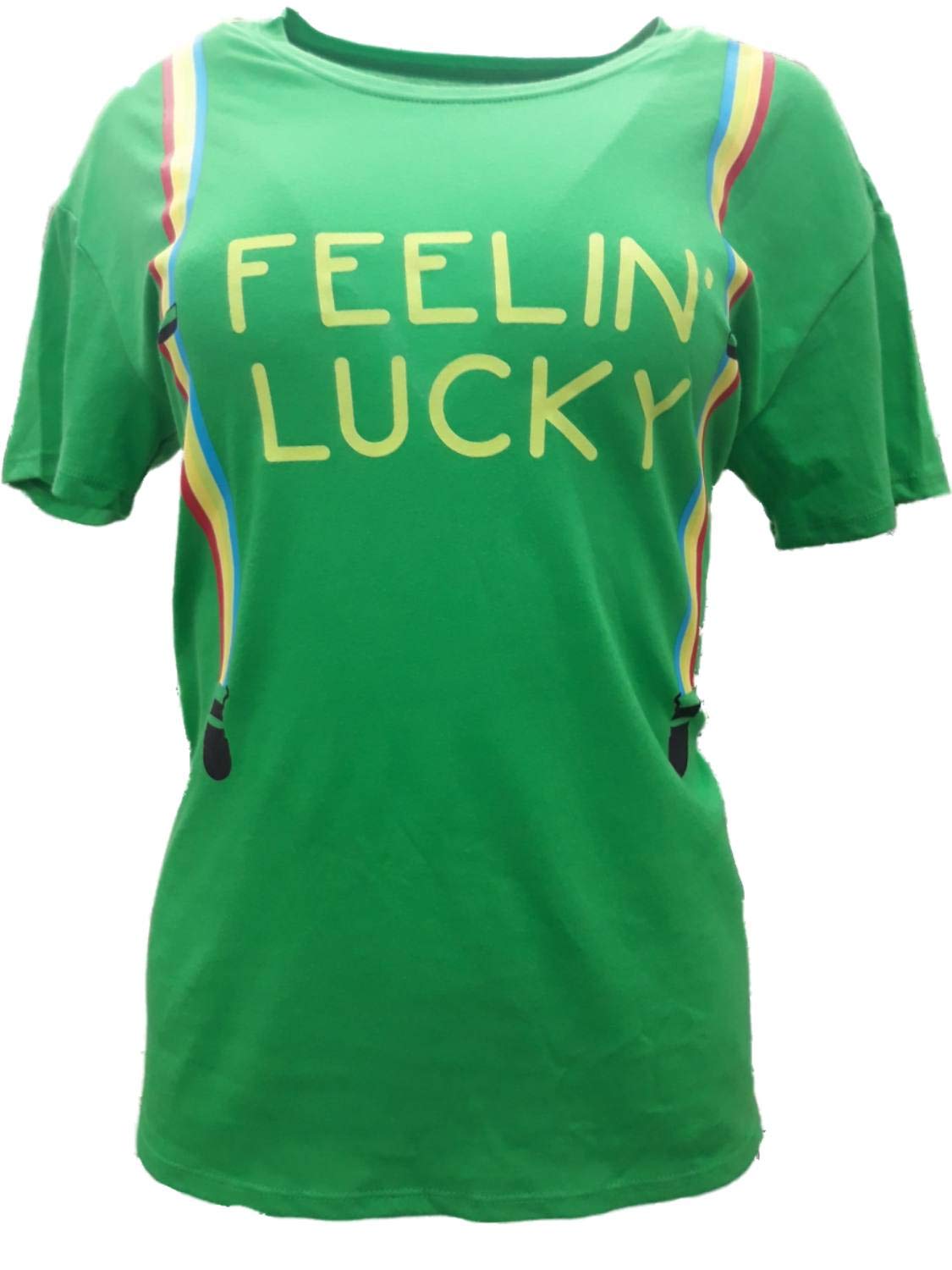 Women's St. Patrick's Day Rainbow 'Feeling Lucky' Suspenders Graphic T-Shirt - Fun Holiday Party Outfit for Irish Themed Events & Festivals