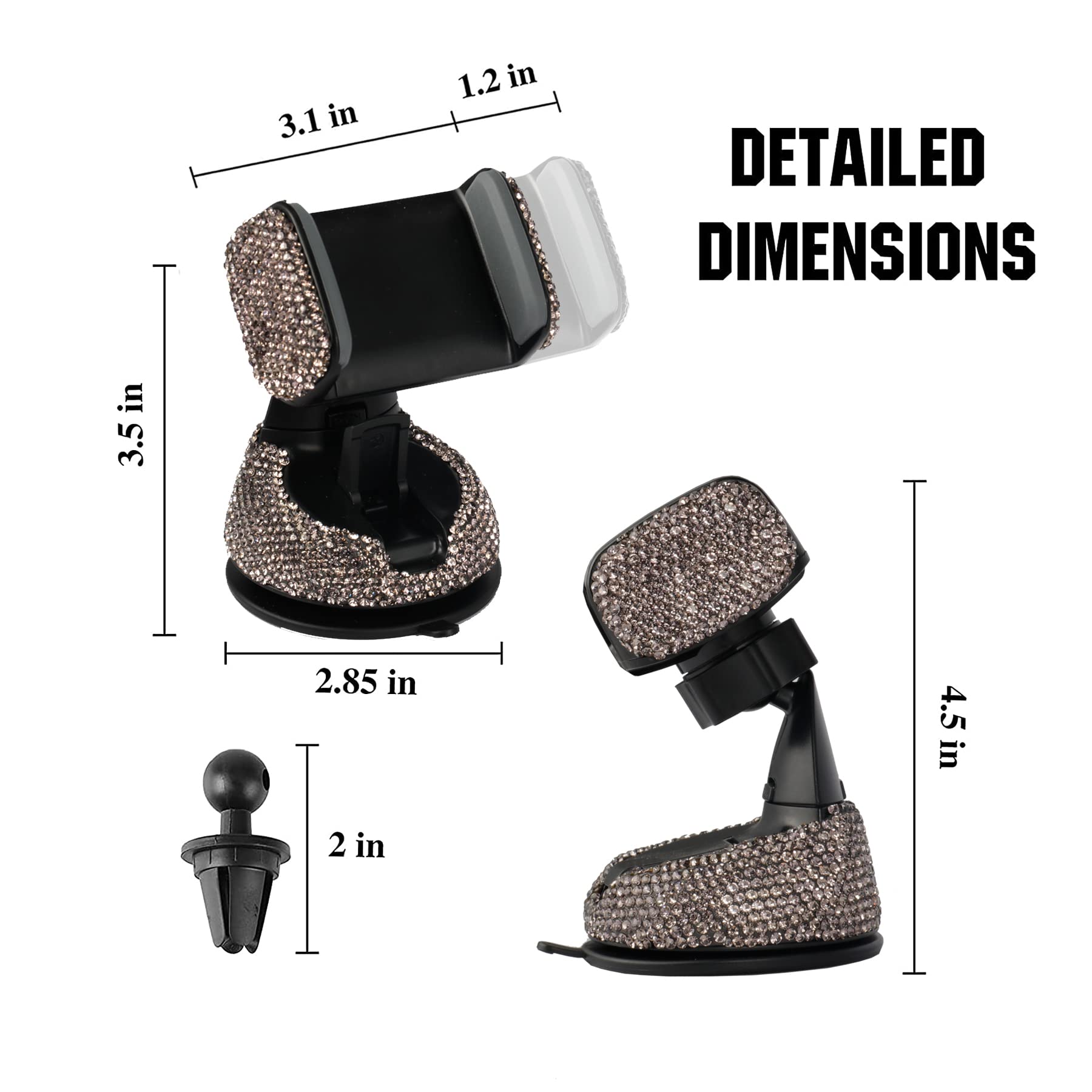 Universal Bling Car Phone Holder - 360° Adjustable Phone Mount with Extra Air Vent Base, Crystal Car Interior Decor for Windshield, Dashboard & Vent (Grey) | Perfect for Commuting, Road Trips & Hands-Free Driving