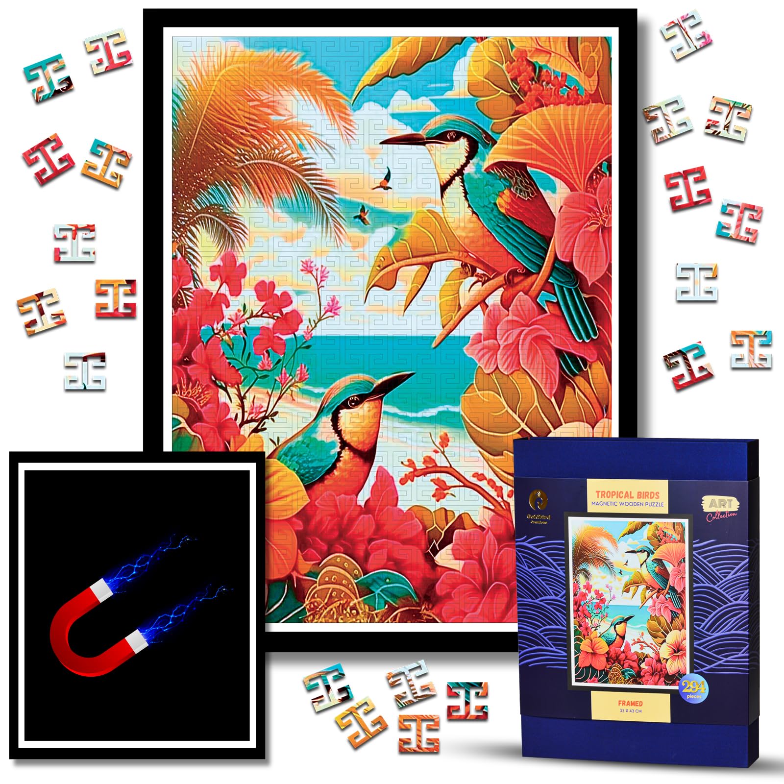 Magnetic Wooden Puzzle for Adults - Exotic Birds Art Collection - Wall Decor Puzzle with Magnetic Frame - Unique Gift for Christmas & Birthday - Perfect for Home Office & Living Room Decoration