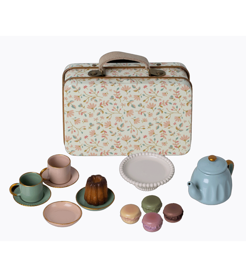 Maileg Vintage Style Afternoon Tea Set in a Tin Suitcase - Perfect for Kids Pretend Play, Tea Parties & Collectible Dollhouse Accessories