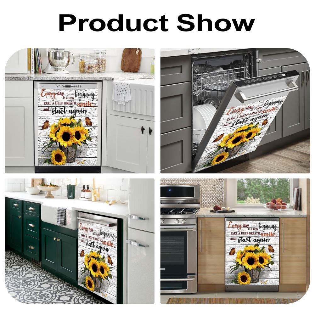 Sunflower Magnetic Dishwasher Cover - Decorative Kitchen Appliance Front Panel with Inspirational 'Every Day Is A New Beginning' Quote - Perfect for Home Kitchen Decor & Dishwasher Door Protection