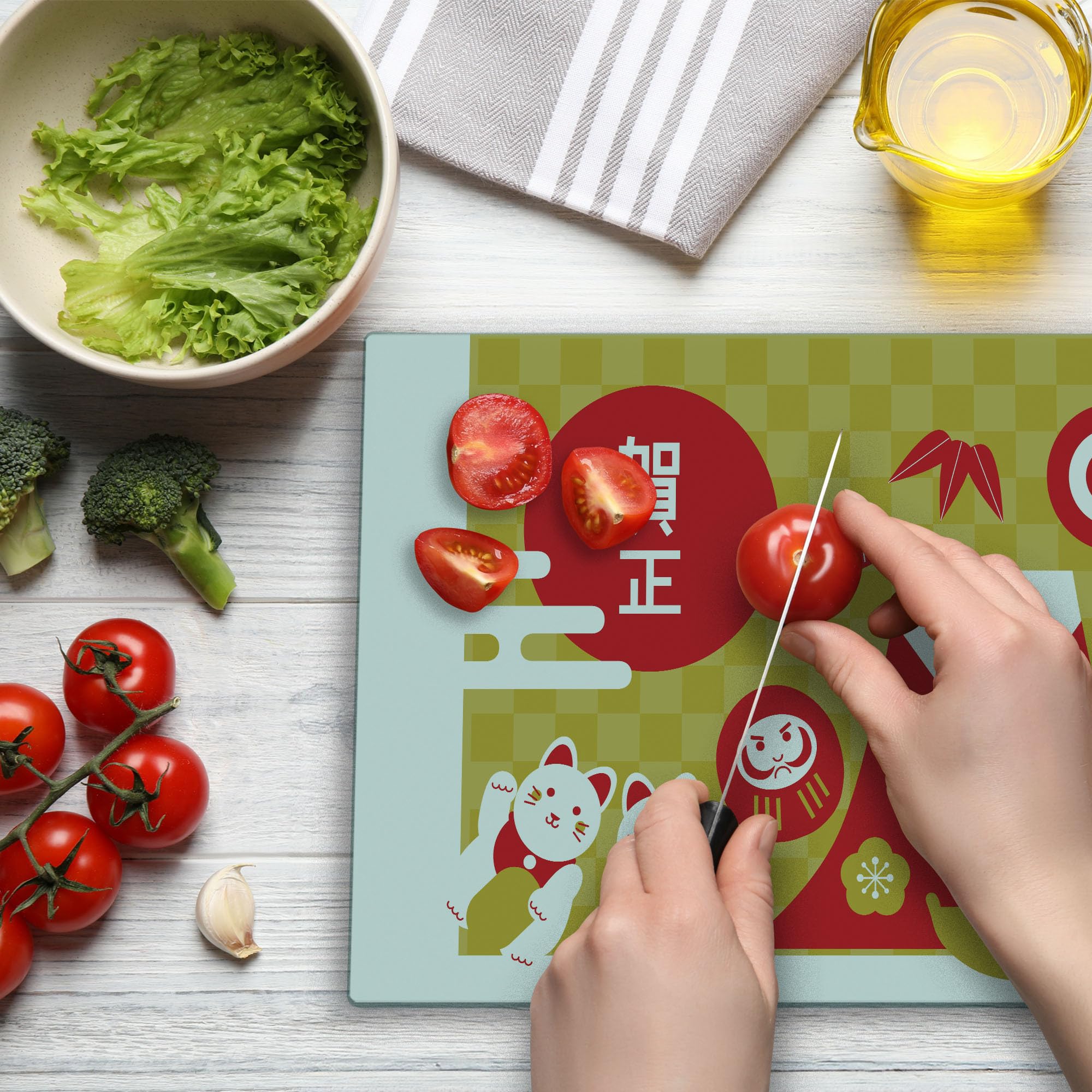 Ambesonne Japanese Cat Cutting Board - Lucky Maneki Neko Dharma Doll Design, Tempered Glass Serving Tray for Kitchen & Dining, Large Size (Vermilion/White/Earth Yellow) - Perfect for Sushi Presentation, Cheese Platters & Holiday Entertaining