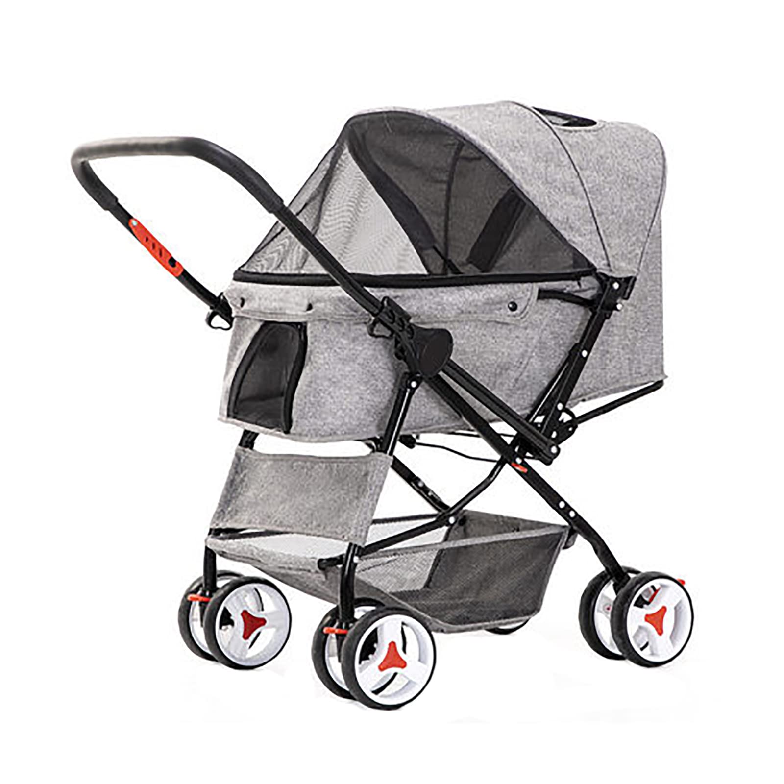 CAYJ Dog Stroller with 2-Way Push Handle, Rear Brake, Pet Leash & Large Storage Basket - Shock-Absorbing Wheels for Small Pets (Grey) - Perfect for Outdoor Walks, Vet Visits & Shopping Trips