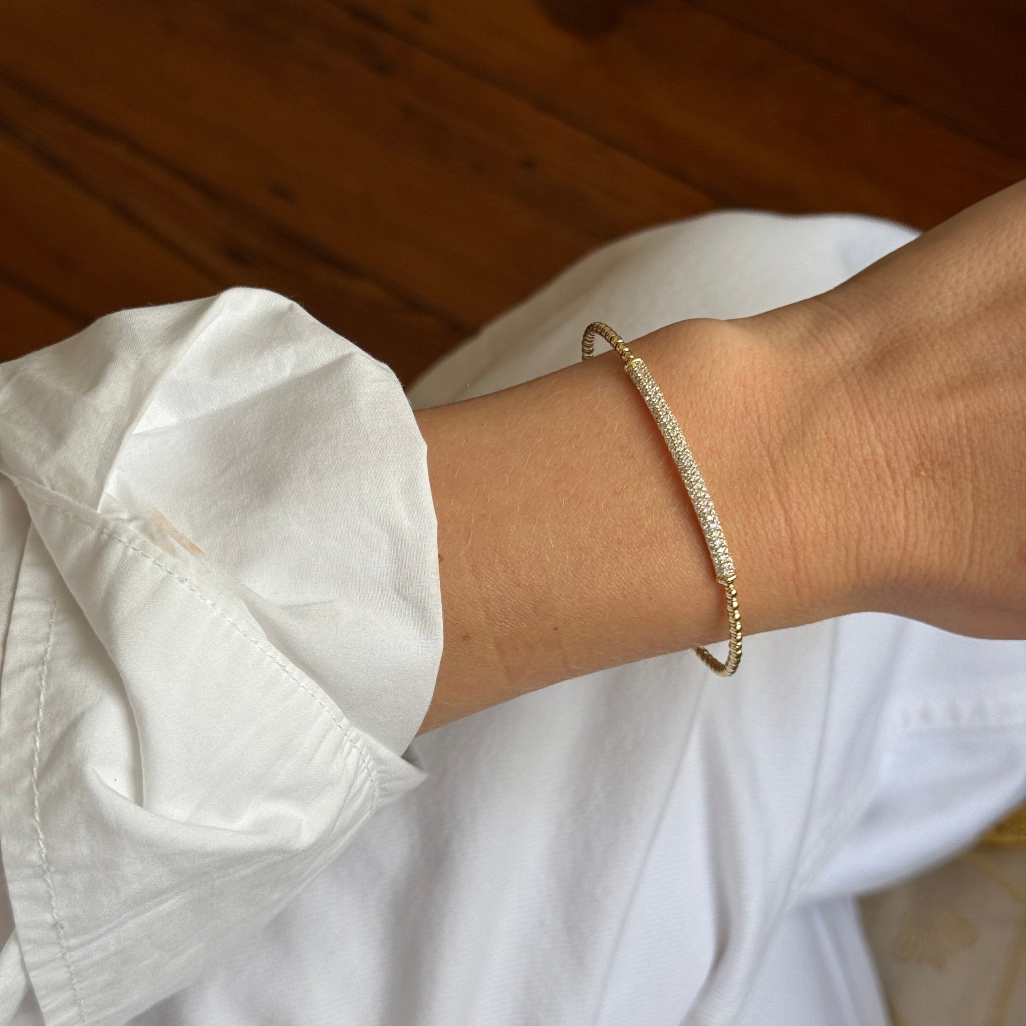 0.75ctw Diamond Pavé 14K Yellow Gold Beaded Flexible Bangle Bracelet - Perfect for Weddings, Anniversaries & Special Occasions
