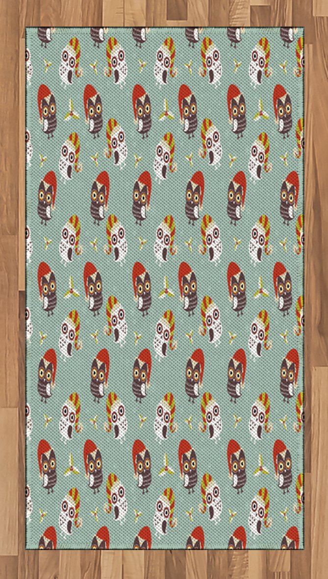 Ambesonne Christmas Area Rug - Festive Owls in Hats with Mistletoe & Snowflakes Design, Flat Woven Holiday Rug for Living Room, Bedroom, Dining Room - 2'6