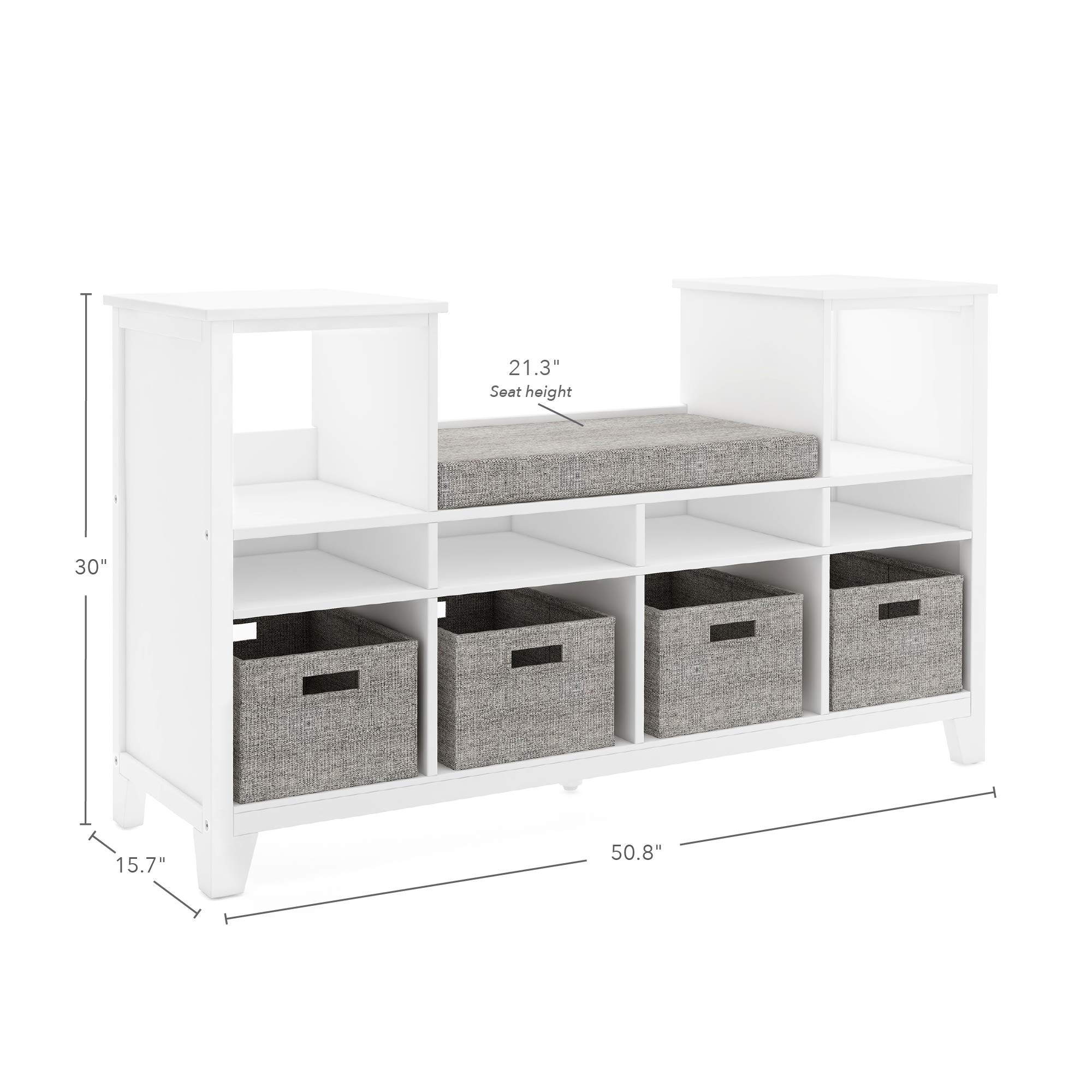 Martha Stewart Kids' Reading Nook - Creamy White Wooden Storage Bench with Seat Cushion & Fabric Bins | Bookshelf Organizer for Toys, Books & Art Supplies | Perfect for Bedroom, Playroom or Homeschool Reading Corner