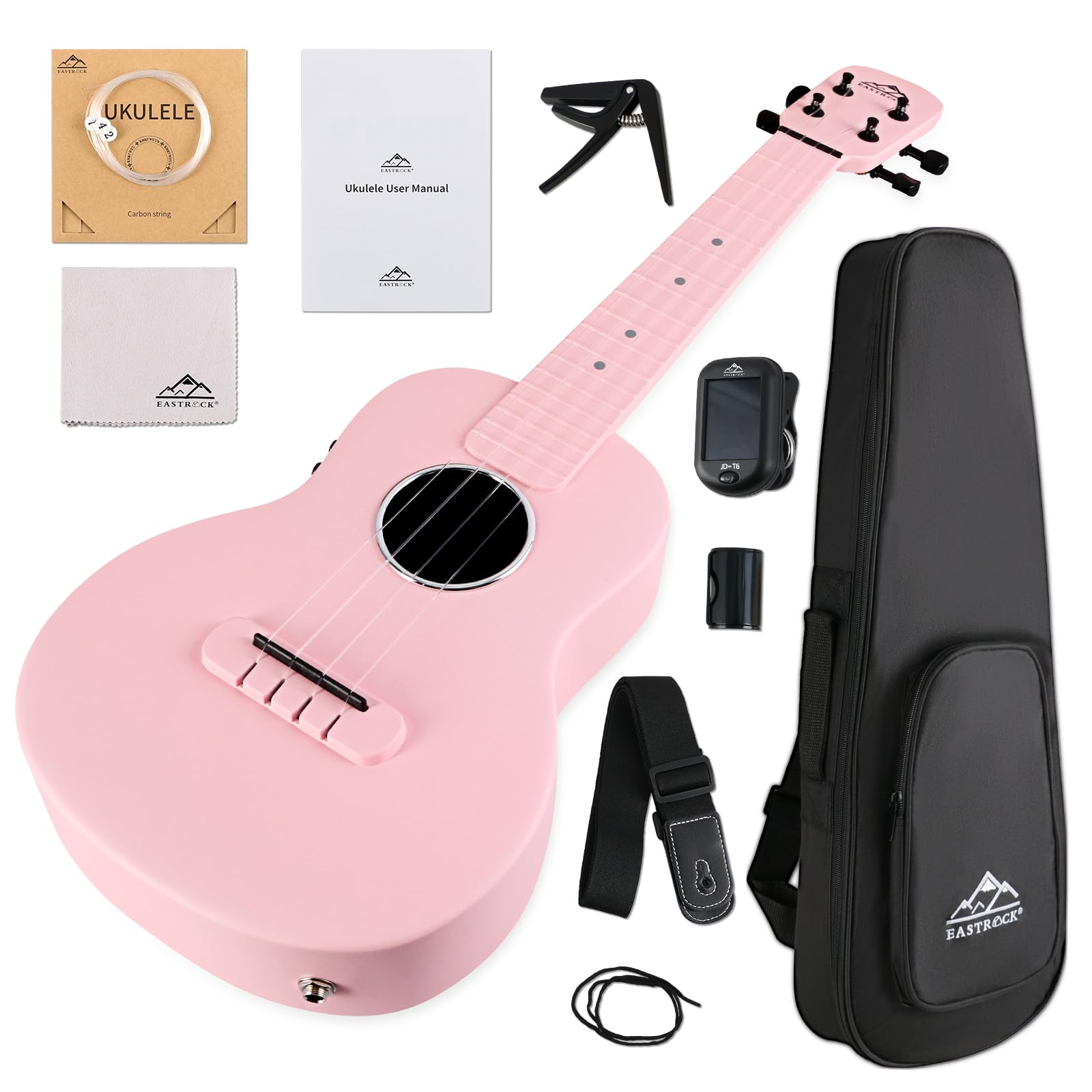 EASTROCK 23 Inch Carbon Fiber Electric Concert Ukulele Kit - Professional Ukelele for Kids, Students & Adults with Case, Strap, Capo & Strings (Pink) | Perfect for Beginners, Live Performances & Music Practice