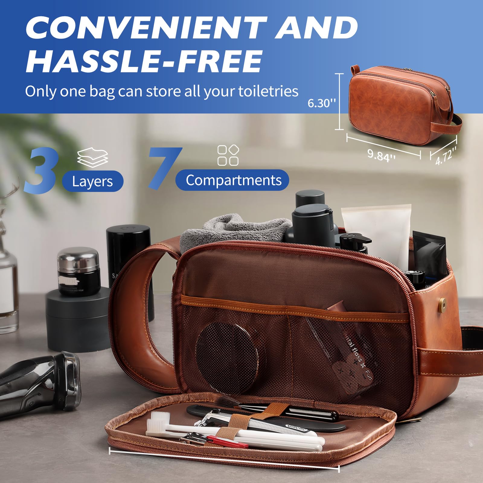 HOTOR Waterproof Leather Travel Toiletry Bag for Women & Men - Compact Toiletries Organizer with Handle, Cruise & Airplane Essentials, Brown Medium Size - Perfect for Weekend Trips, Business Travel & Vacation Packing