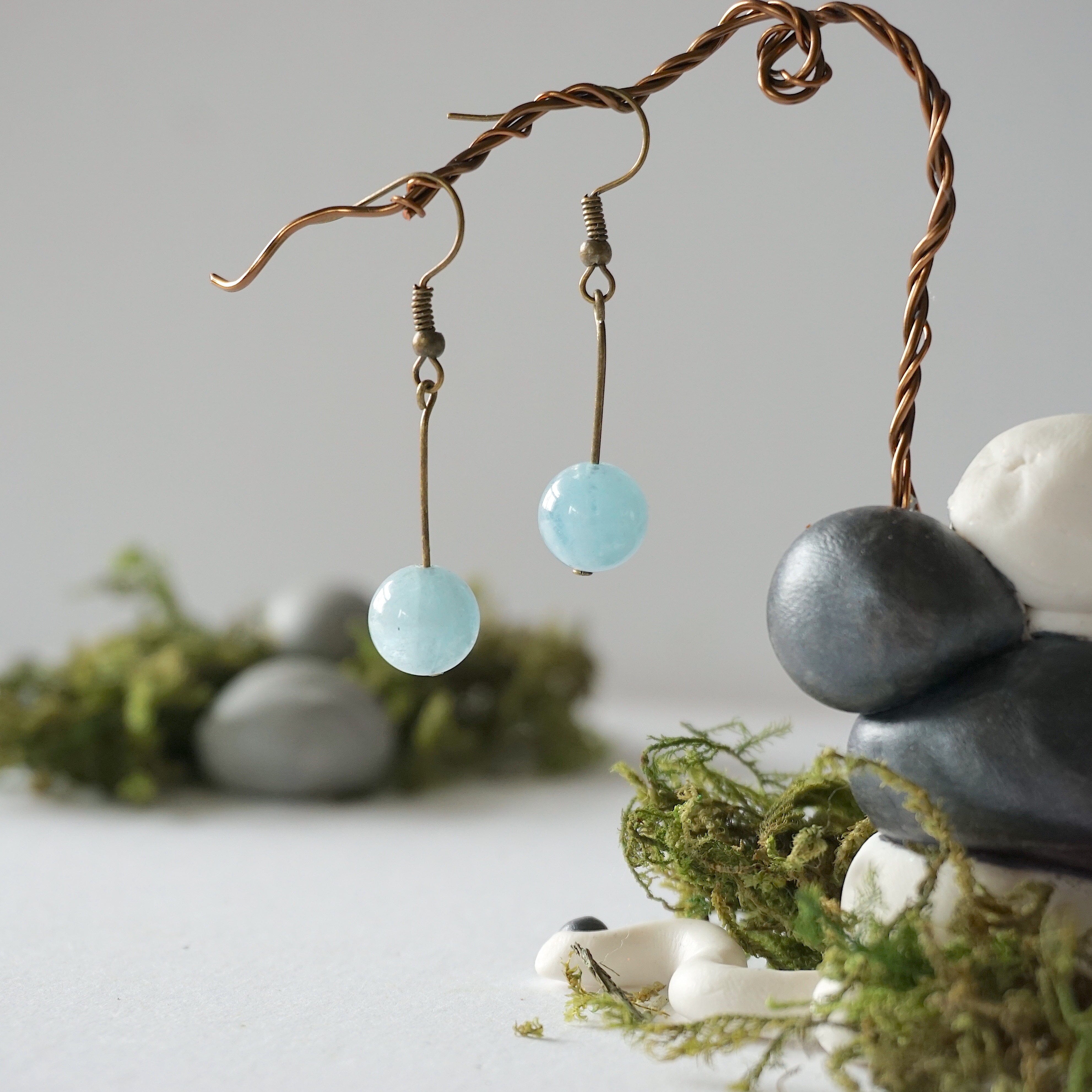 Antique Bronze Aquamarine Bead Drop Earrings – Elegant Dangling Jewelry for Women, Perfect for Weddings, Parties & Special Occasions