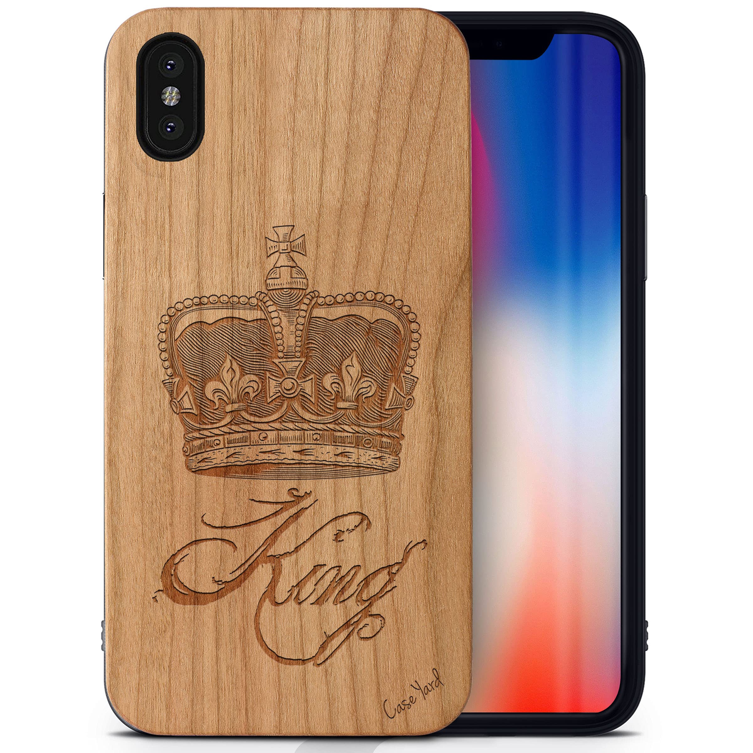King Crown Laser Engraved Cherry Wood Phone Case for iPhone X - Slim Shockproof Protective Cover for Men & Women | Perfect for Daily Use, Travel & Gift Giving