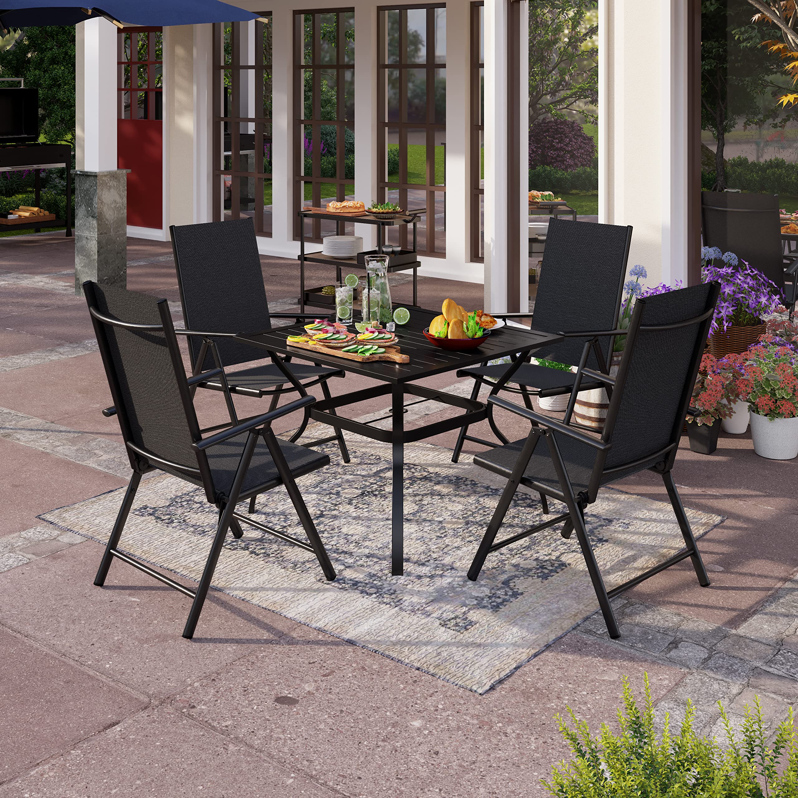 PHI VILLA 5-Piece Outdoor Patio Dining Set with Square Table & 4 Adjustable Folding Chairs - Black - Perfect for Backyard, Garden, Deck or Poolside Entertaining (Includes 1.57