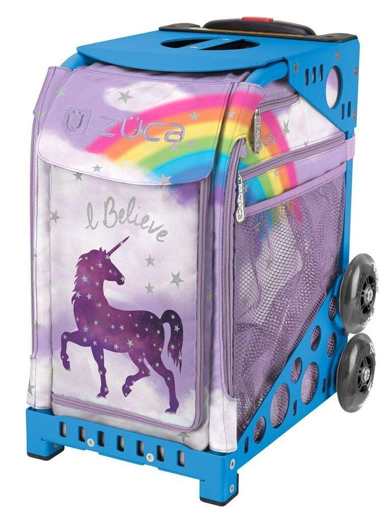 Zuca Unicorn Sport Insert Bag with Blue Frame & LED Flashing Wheels - Perfect for School, Travel, and Skating Adventures