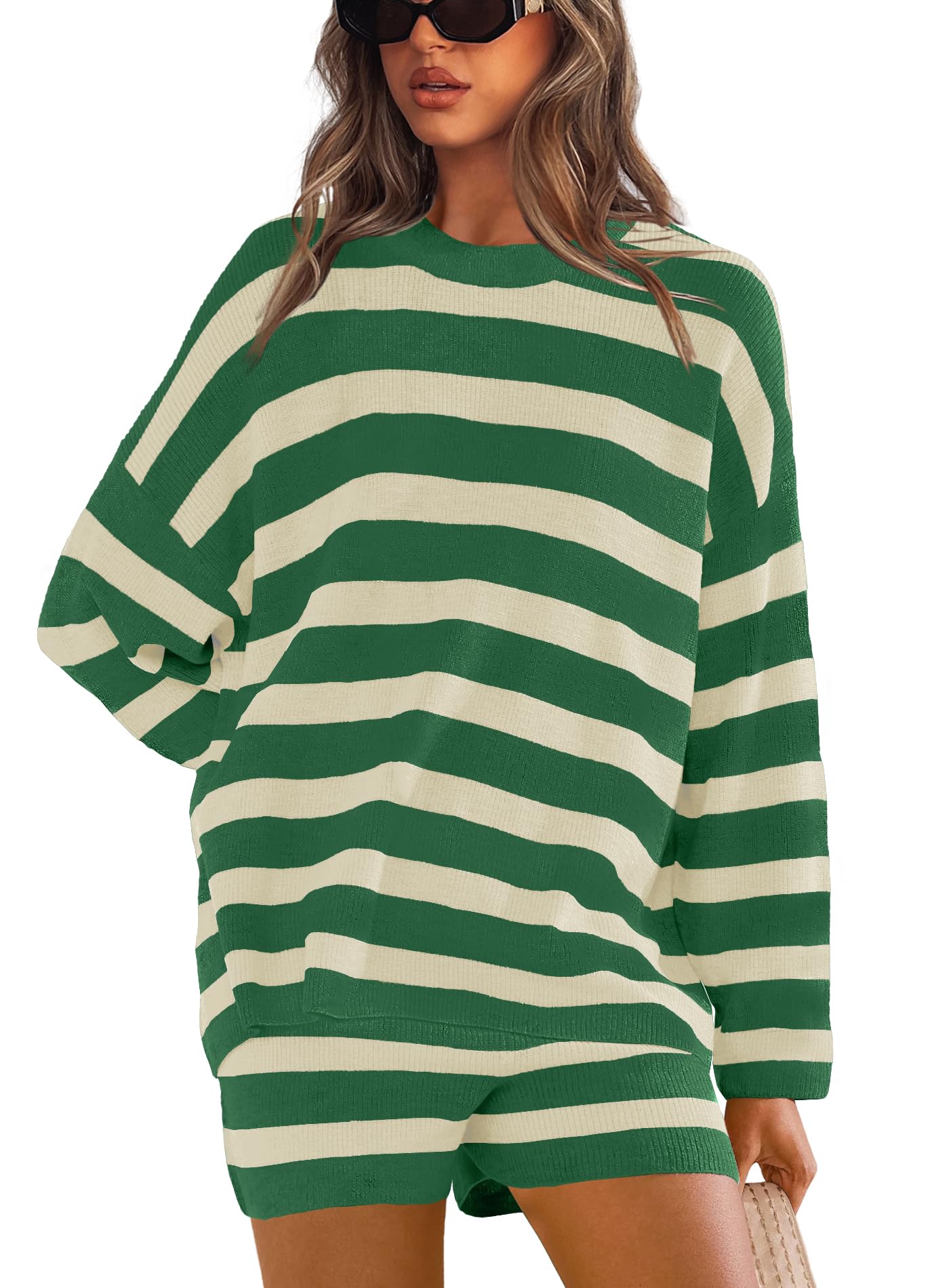 Yanekop Women's Striped Sweater Set - Oversized 2 Piece Lounge Outfit with Long Sleeve Tunic & Shorts | Cozy Pajama Set for Home, Sleepwear & Casual Wear