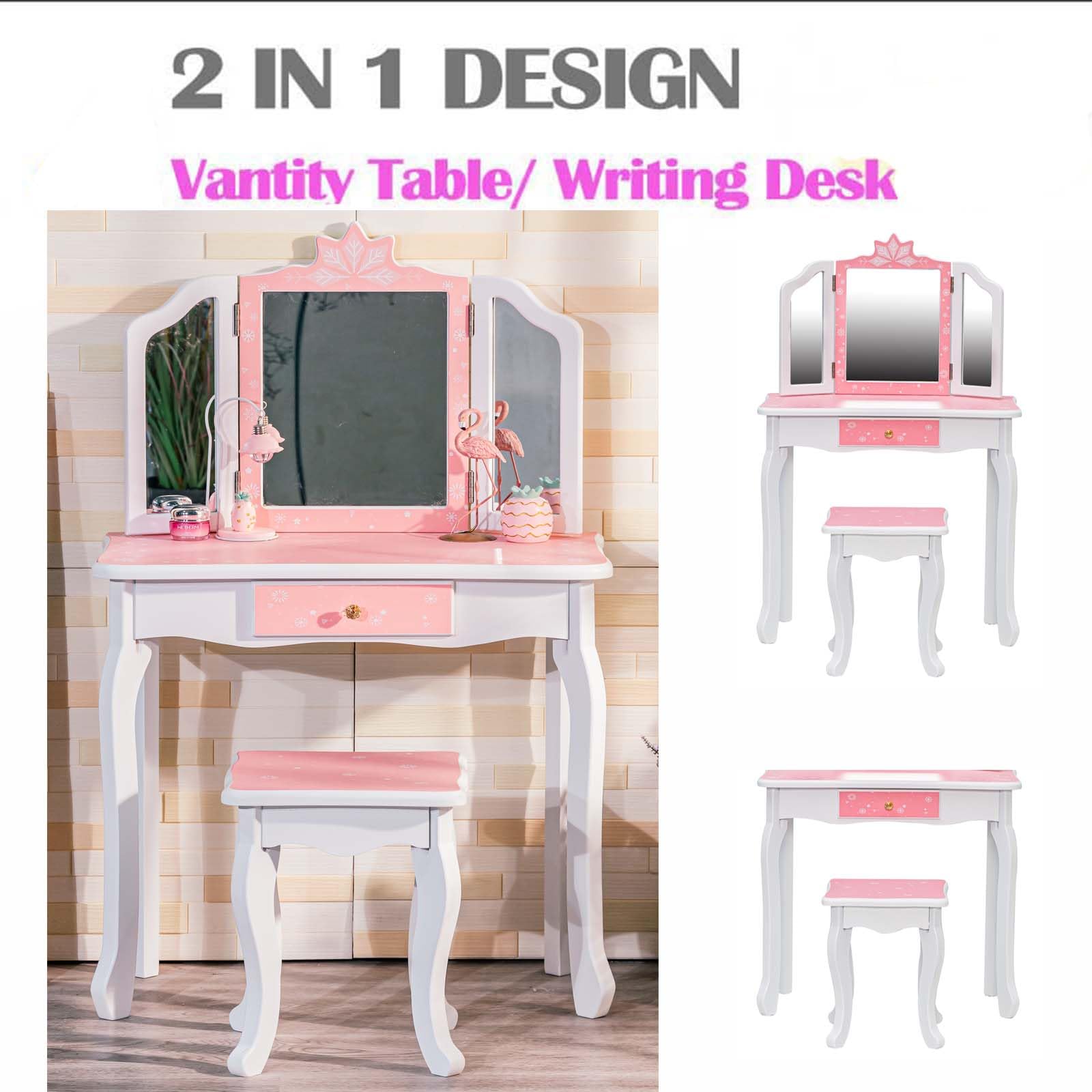 Memoryfield Kids Vanity Set - Wooden Princess Makeup Dressing Table with Mirror, Stool & Drawer | 2-in-1 Toddler Vanity for Girls | Pretend Play, Birthday Gift & Bedroom Decor (Pink/White) - Perfect for Playroom, Nursery or Girls' Bedroom