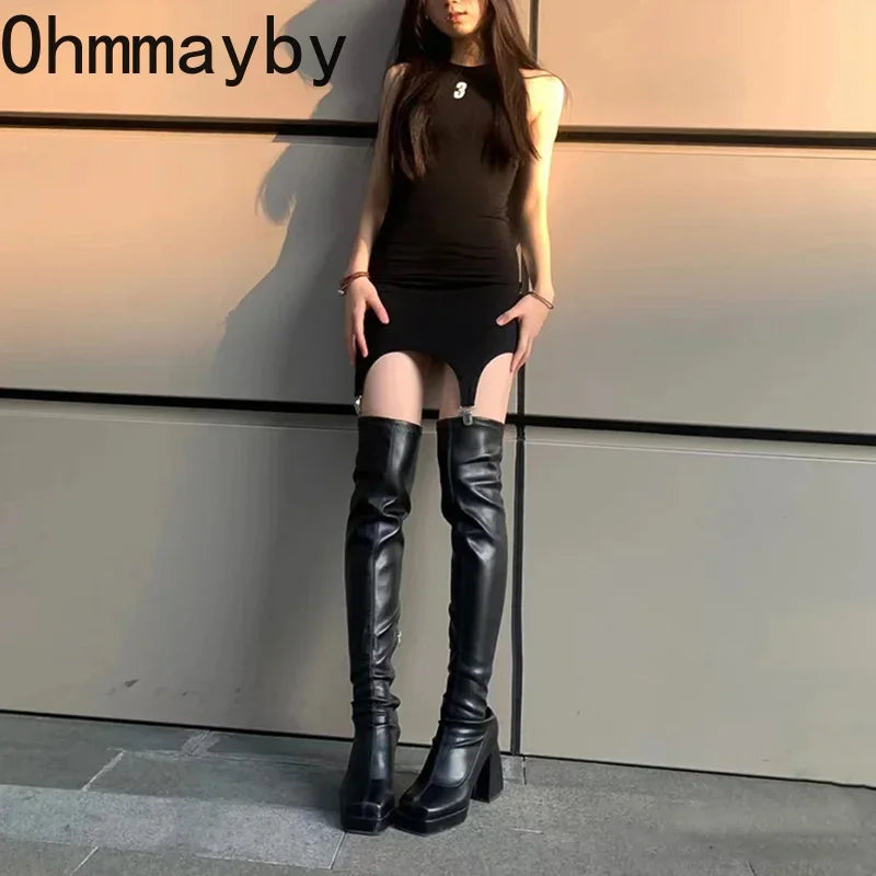 Stylish Black Long Boots for Women - Fashionable Square Toe High Heel Over The Knee Boots with Zippers | Winter Shoes & Elegant Modern Booties for Party, Office & Night Out