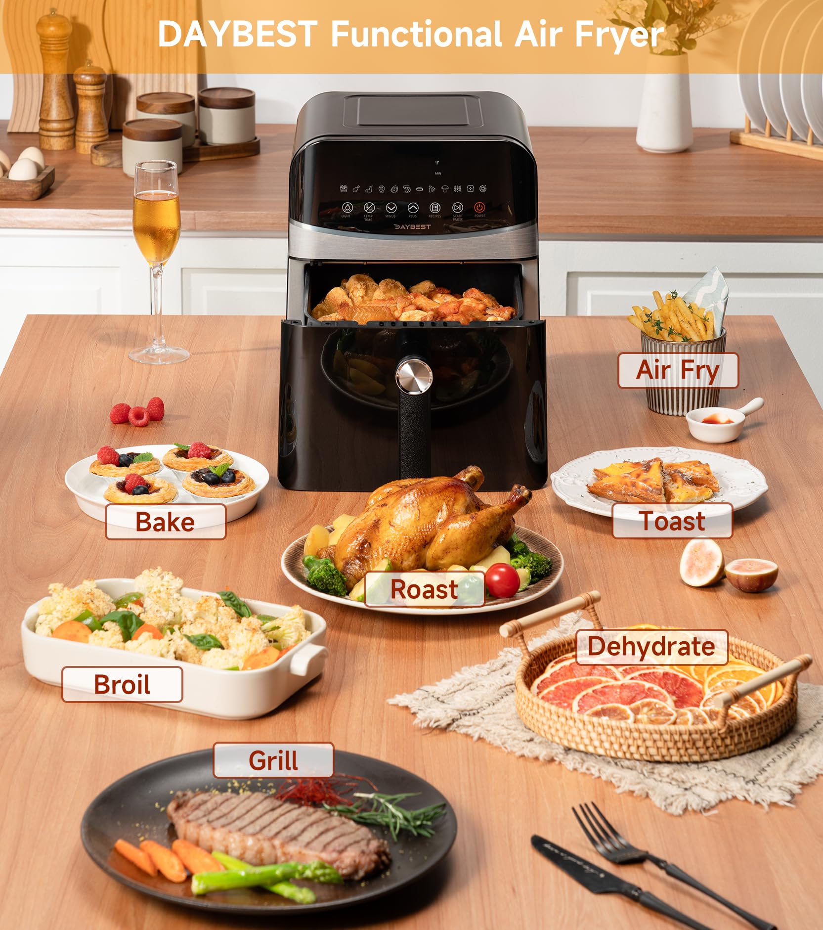 **DAYBEST 1700W 6L Ceramic Coated Air Fryer with Top & Bottom Heaters – Non-Toxic, Auto Shut-Off, Black Stainless Steel – Perfect for Healthy Frying, Roasting, Baking & Grilling at Home**