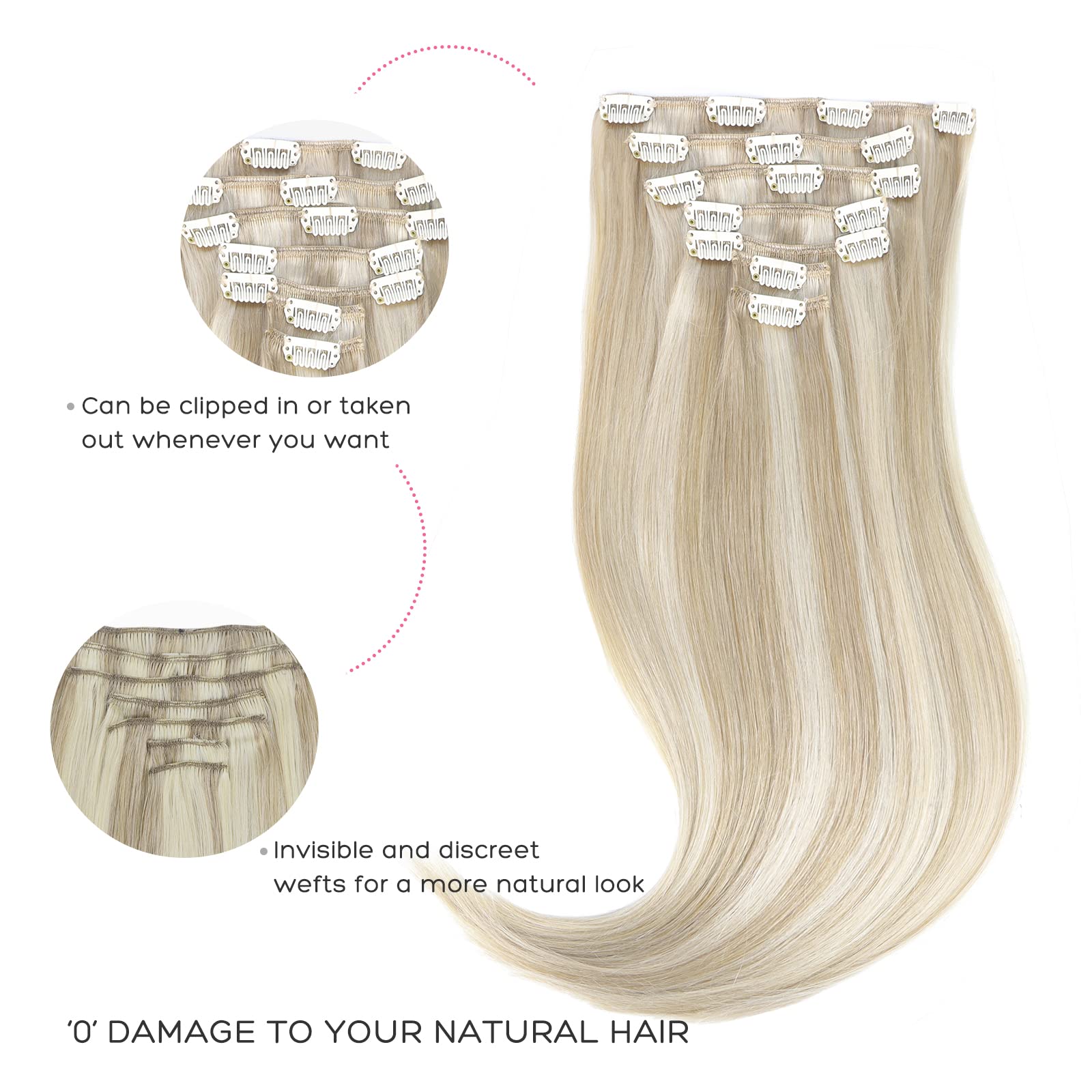Marat Clip in Human Hair Extensions 16 Inch 120g - Ash Blonde Highlighted Platinum Blonde Straight Hair Extensions for Women | Perfect for Parties, Weddings & Daily Styling