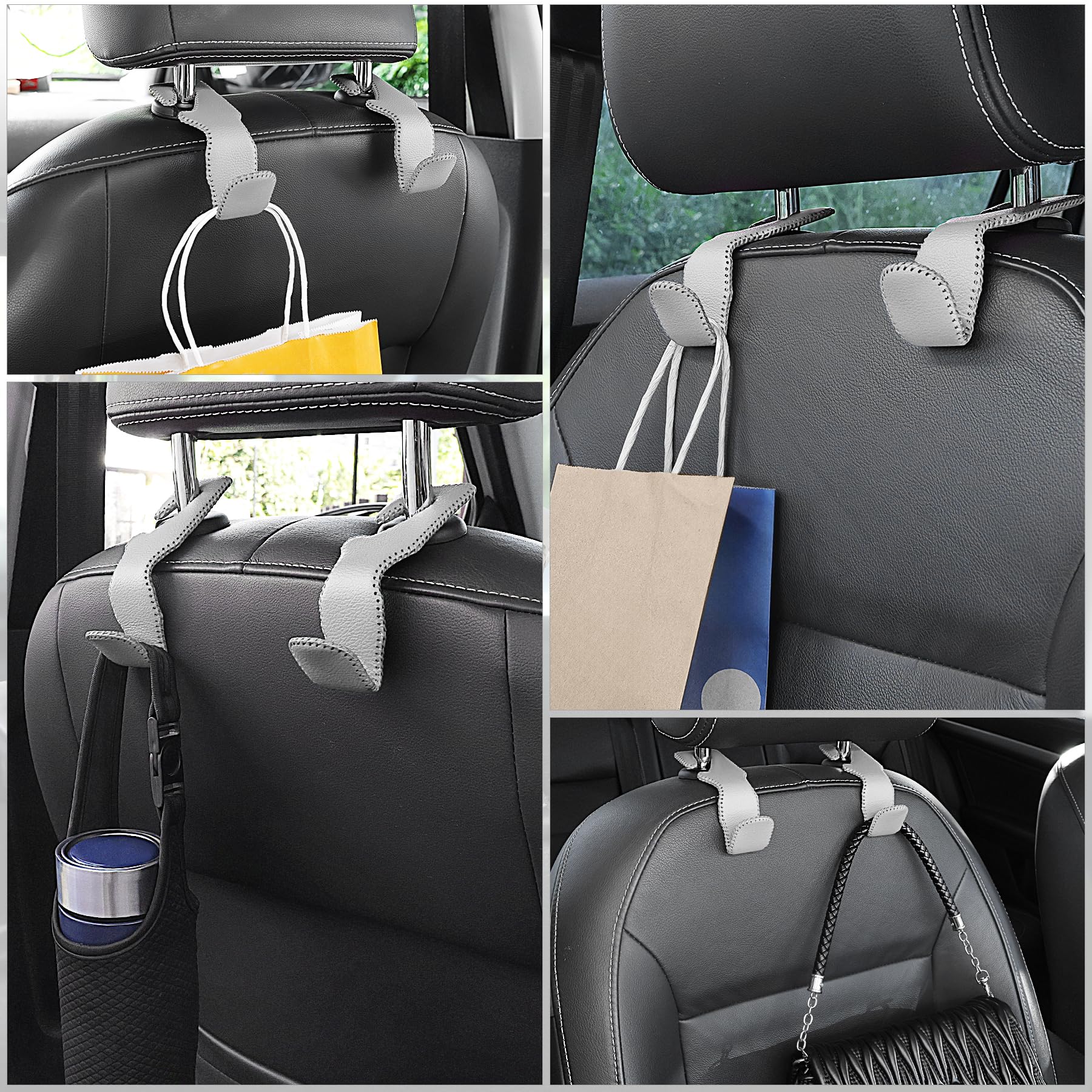 Premium Leather Car Seat Back Hook Hanger - 2 Pack, Gray - Heavy Duty Auto Seat Organizer for Purse, Coat, Umbrella & Grocery Bags - Perfect for Road Trips, Commuting & Shopping