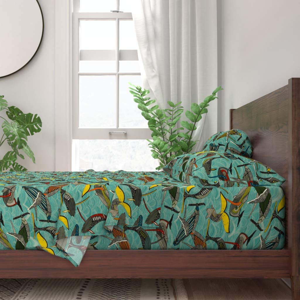 Whale Waves Print 100% Cotton King Size 4-Piece Sheet Set - Humpback Whale Ocean Nursery Bedding | Gender Neutral Baby Room Decor & Nautical Theme Home Decor for Coastal Living Rooms