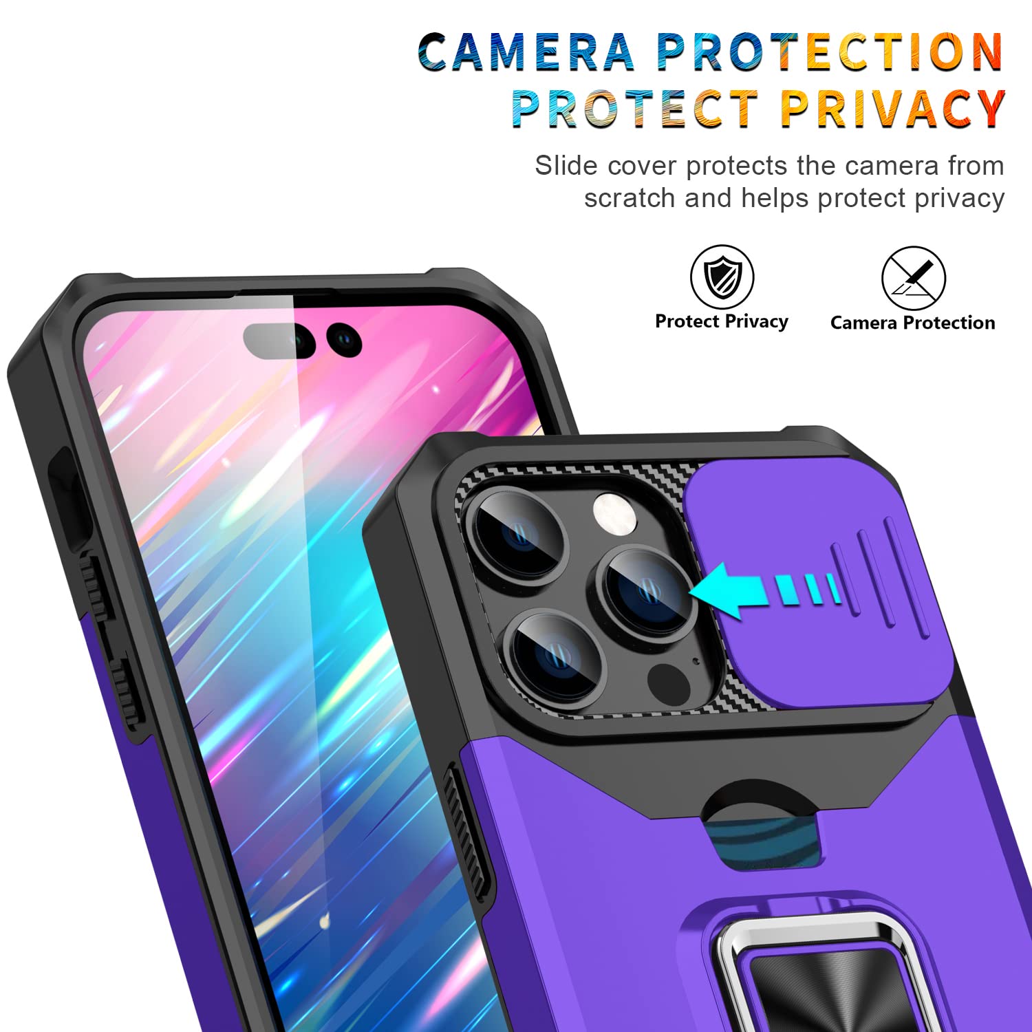Military Shockproof iPhone 14 Pro Case with HD Screen Protector, Sliding Camera Cover & Card Holder - Purple Full Body Protective Phone Cover with Ring Kickstand | Perfect for Outdoor Activities, Travel & Daily Use
