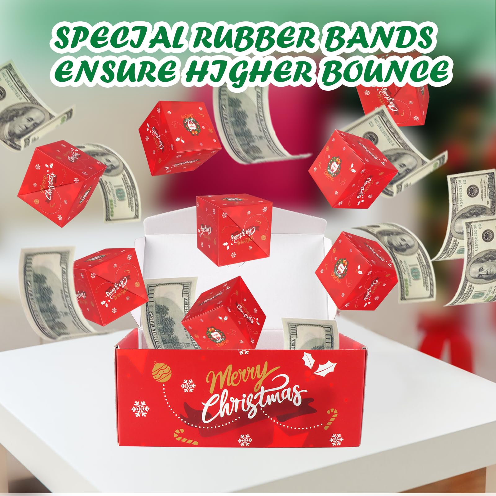 Explosion Money Gift Box - Unique Folding Pop-Up Cash Present for Christmas | Surprise Gift Box for Birthdays, Anniversaries & Holidays (12 Bounces, Red Christmas Theme)