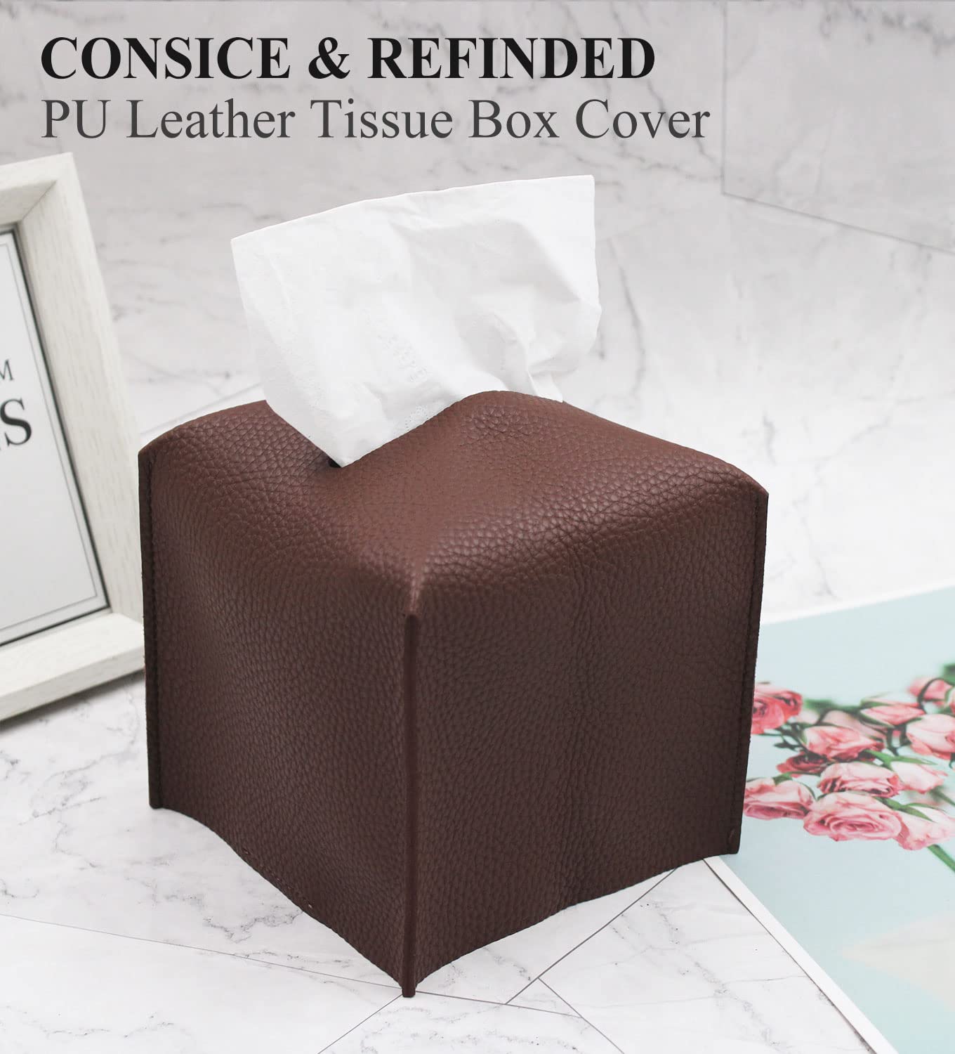 Livelab Square PU Leather Tissue Box Cover - Modern Decorative Tissue Holder for Bathroom, Vanity, Nightstand & Desk (5x5x5 Inches, Dark Brown) | Home & Office Organization Accessory