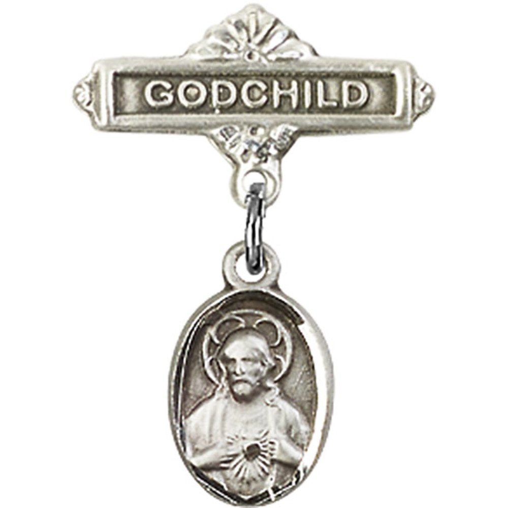 Sterling Silver Baby Badge with Scapular Charm - Godchild Gift Pin 7/8