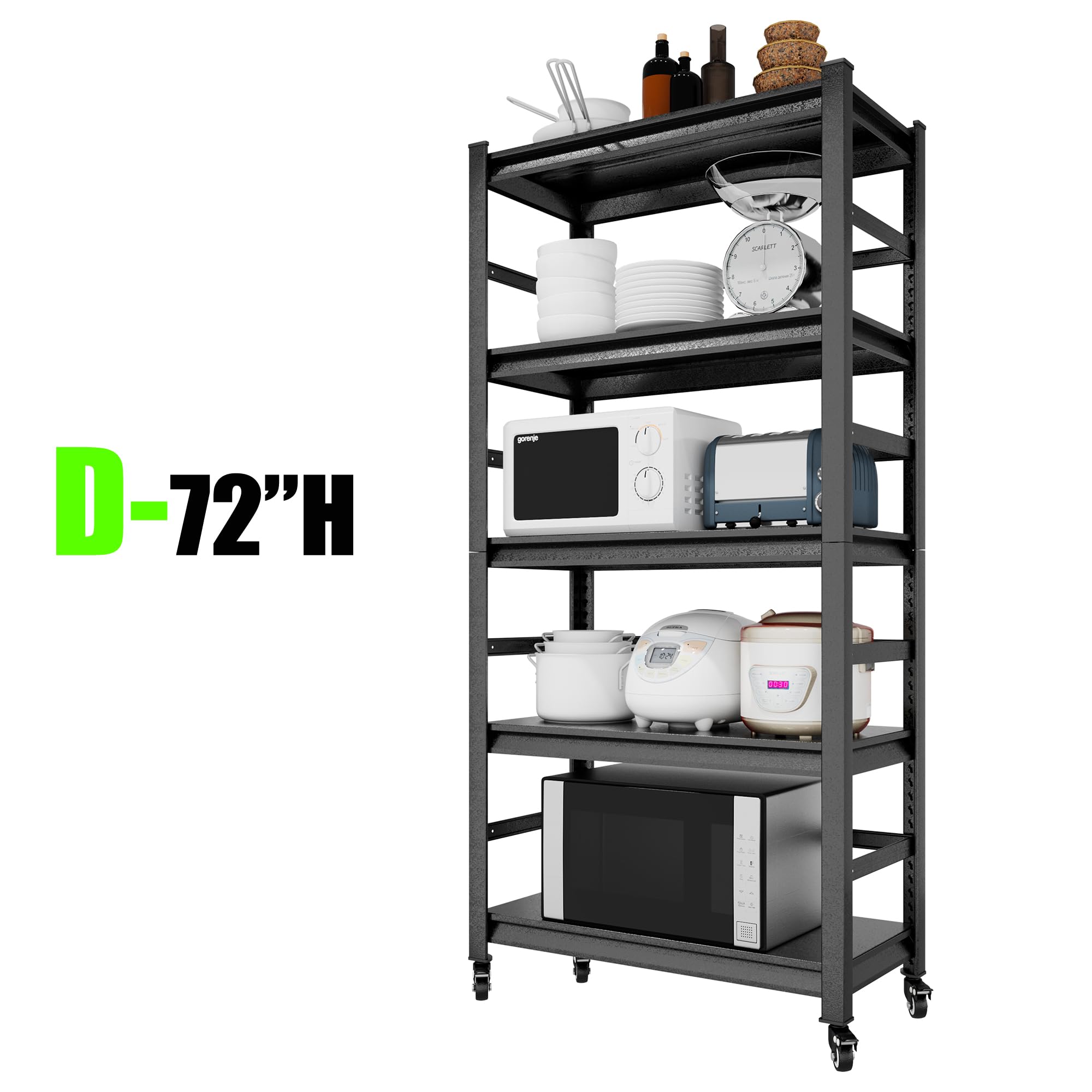 Heavy Duty 5-Tier Metal Storage Shelves - Adjustable Garage & Kitchen Shelving Unit with Wheels, 1750LBS Capacity (72