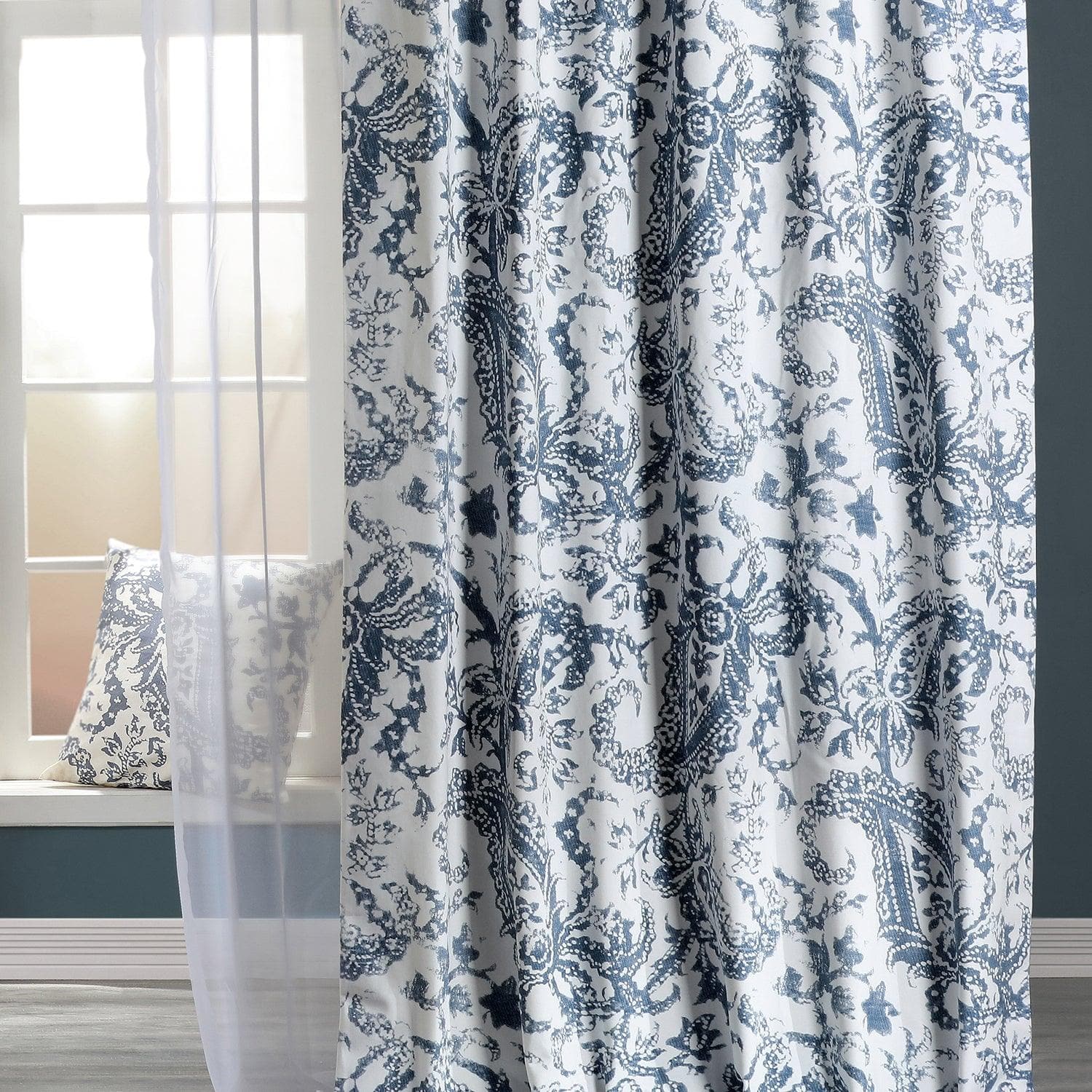 Custom Washed Blue Paisley Printed Cotton Curtains - Elegant Window Treatment for Living Room, Bedroom & Dining Room Decor