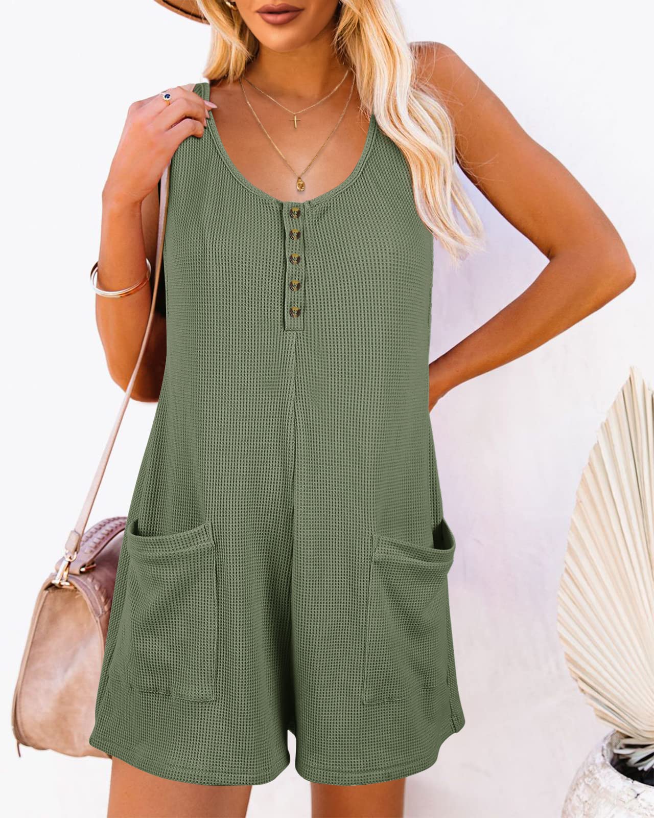 Women's Sleeveless Romper Jumpsuit - Button Down Waffle Fabric Summer Outfit for Vacation, Beach & Casual Wear