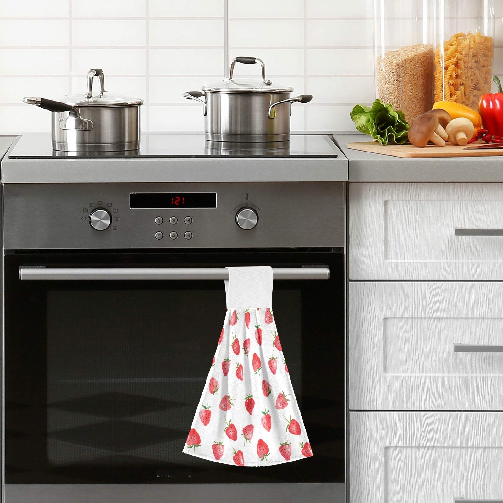 **Premium Strawberry Print Kitchen Towels Set of 2 - 12x17 Inch Soft Absorbent Dish Cloths & Hand Towels with Hanging Loop - Cute Home Decor for Kitchen, Bathroom & Farmhouse Style**    *(Use Cases: Perfect for drying dishes, hands, or as decorative accents in rustic kitchens, cozy bathrooms, and farmhouse-themed spaces.)*