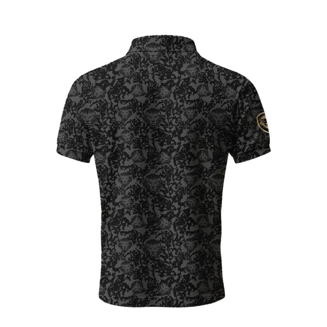 Lion Shield Charcoal Grey Pattern Print Short Sleeve Polo Shirt for Men - Classic Fit Casual Wear for Office, Golf & Outdoor Activities