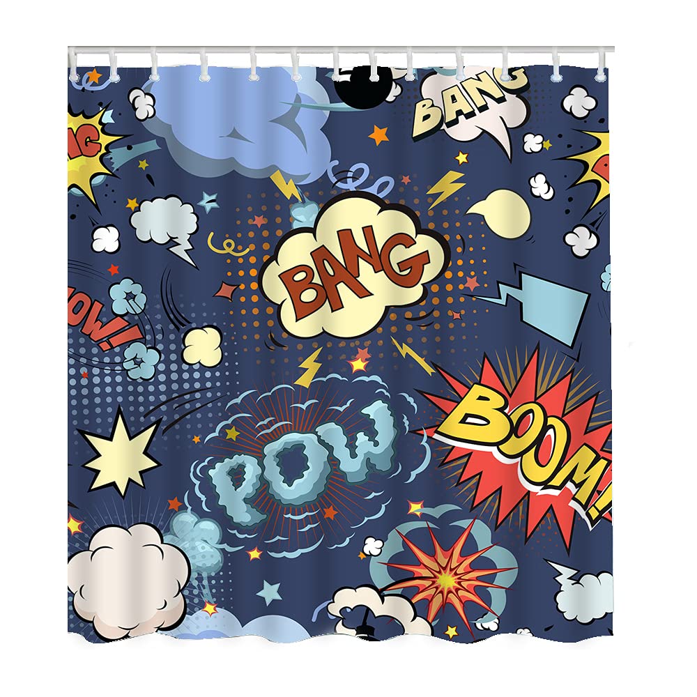 WONDERTIFY Waterproof Comic Book Speech Bubbles Shower Curtain - Pop Art Bathroom Decor with 12 Grommet Hooks (60x72 Inch) - Perfect for Superhero Themed Bathrooms & Fun Pop Culture Home Decor