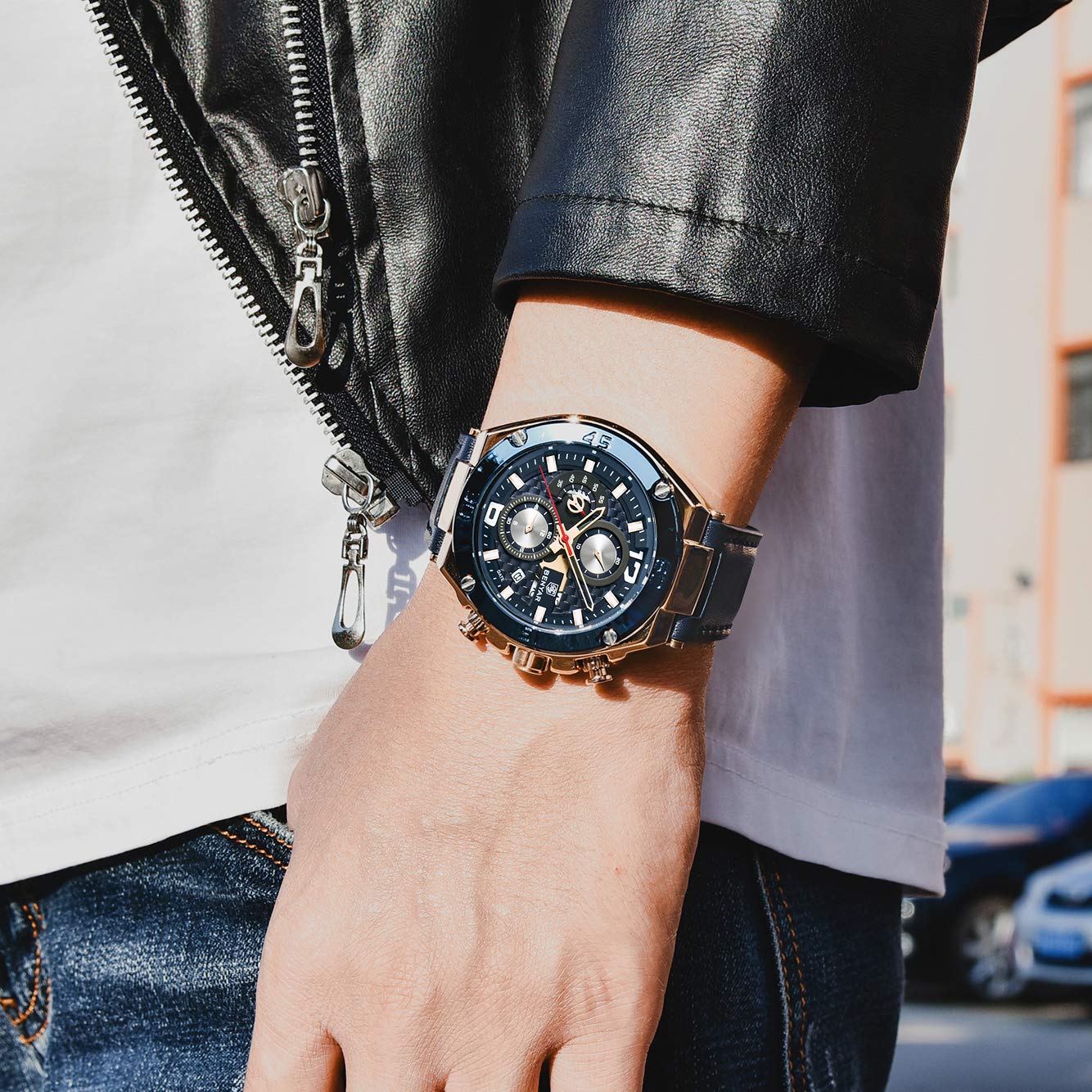 BENYAR Men's Chronograph Date Waterproof Sports Watch - Leather Strap Business Wristwatch for Casual, Office & Outdoor Activities