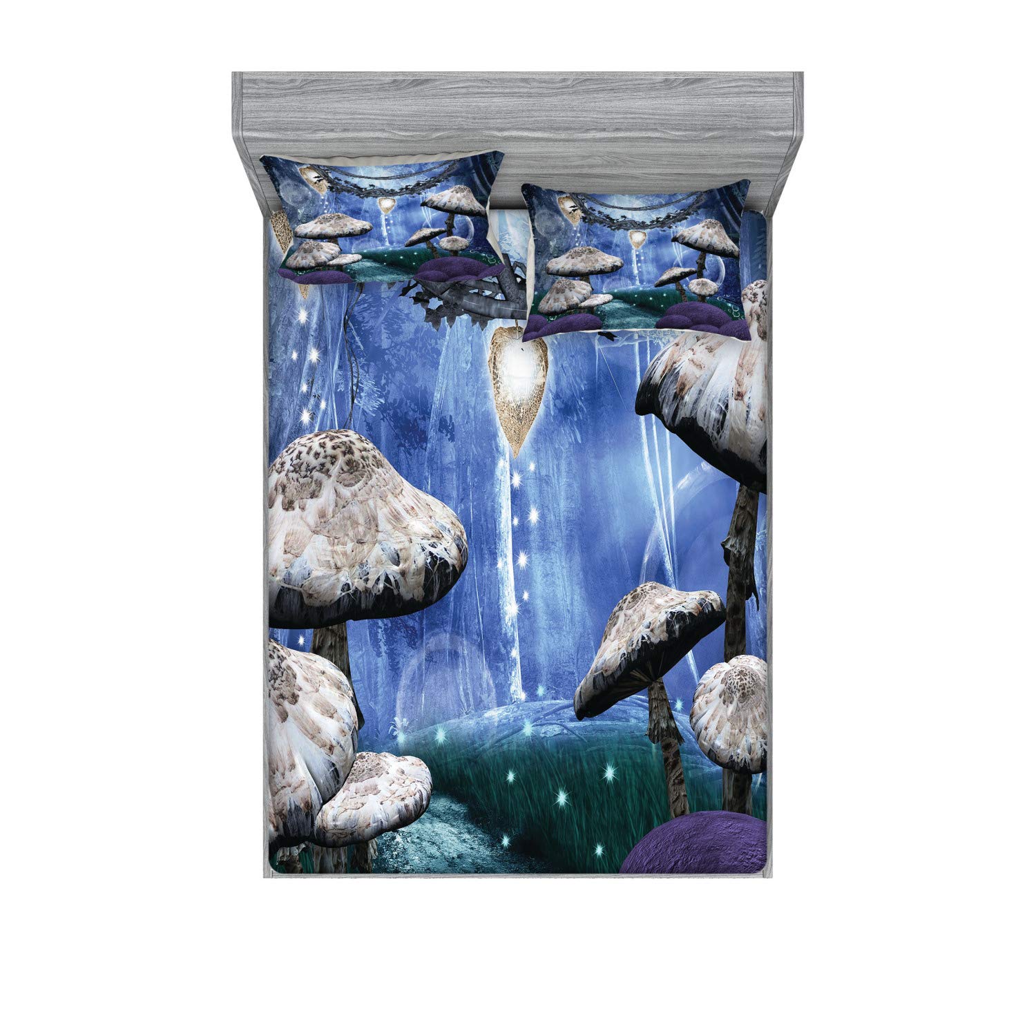Ambesonne Trippy Fitted Sheet & Pillow Sham Set - Abstract Dreamlike Forest Night Scenery with Mushrooms, Pixie Dust & Bubbles - 3-Piece Printed Bedding Decor Set for King Size Beds in Violet Blue Grey - Perfect for Psychedelic, Bohemian & Fantasy Themed Bedrooms