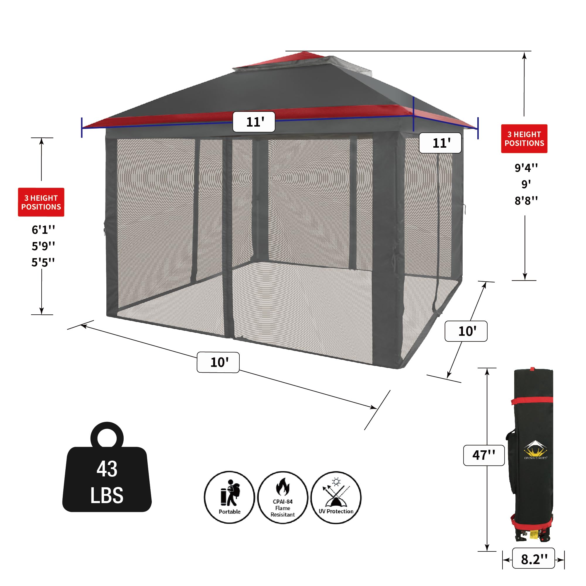 CROWN SHADES 11x11 Pop Up Gazebo Canopy Tent with Netting - One Push Open Design, Wheeled STO-N-Go Cover Bag - Perfect for Patio, Backyard, Camping, Picnics & Outdoor Events (11x11 Feet, Red & Grey)