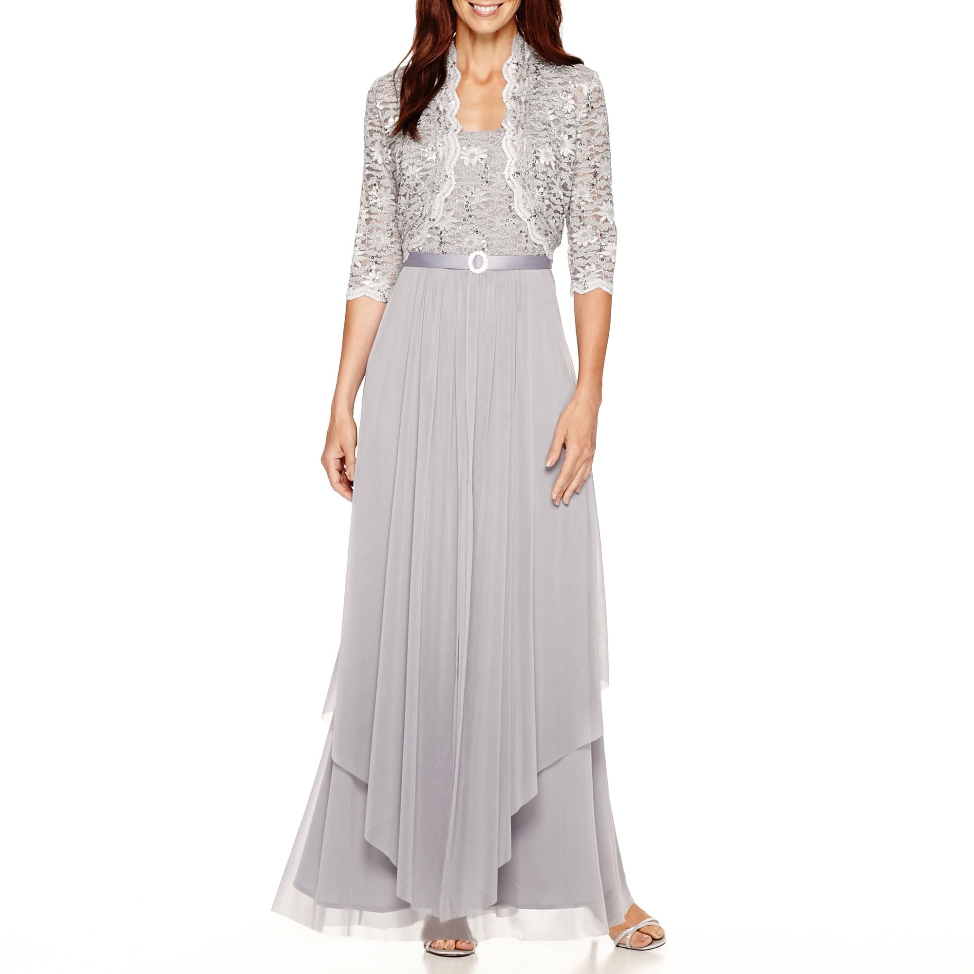 R&M Richards Women's Sequin Lace Long Jacket Dress - Elegant Mother of The Bride Gown, Size 16 in Silver | Perfect for Weddings, Formal Events & Special Occasions