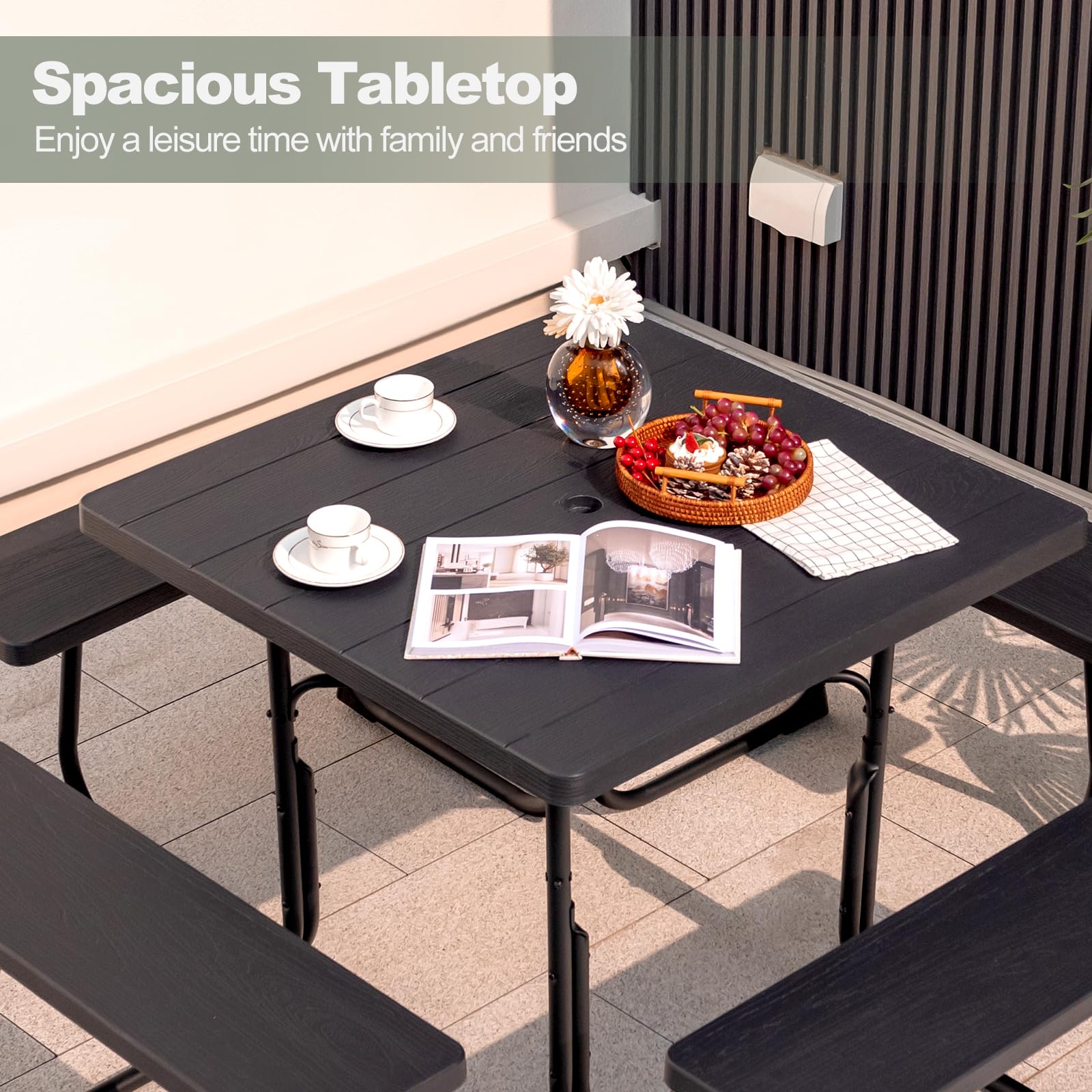 Tangkula 8-Person Outdoor Square Picnic Table with 4 Built-in Benches - Heavy Duty Metal Frame & HDPE Tabletop - Umbrella Hole - Perfect for Garden, Backyard, Patio, Park, Camping & BBQ Parties (Black)