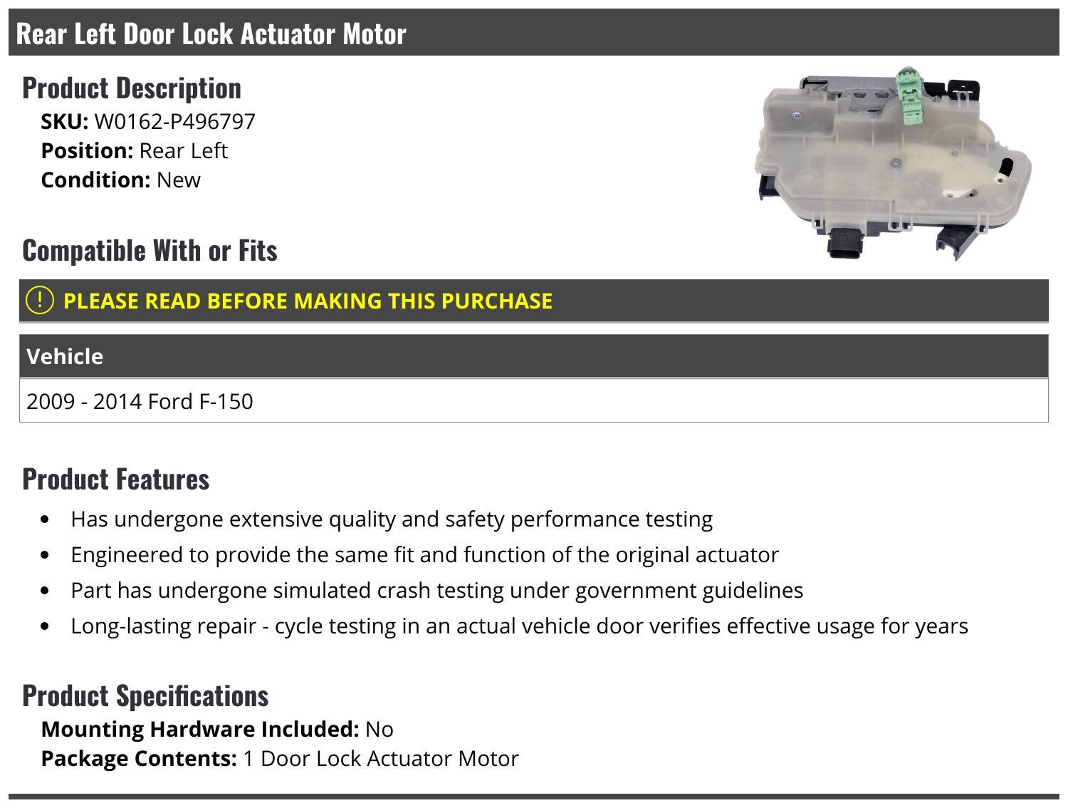 Rear Left Door Lock Actuator Motor Replacement for 2009-2014 Ford F150 - Power Door Lock Repair Part - Perfect for DIY Auto Fix & Truck Maintenance