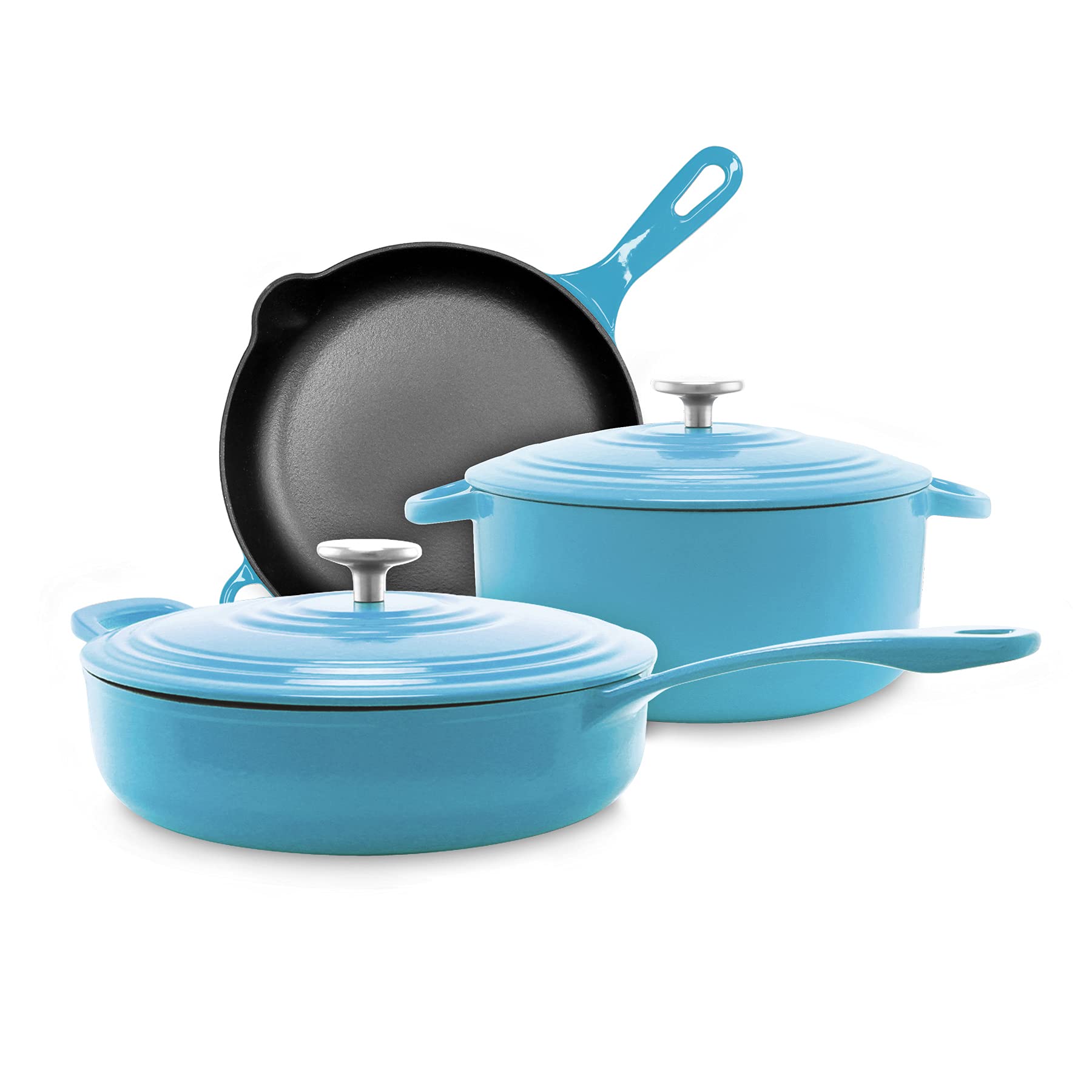 Premium Chantal Enameled Cast Iron Cookware 5-Piece Set - Durable Sea Blue Dutch Oven & Skillet for Baking, Roasting & Serving - Perfect for Kitchen, Camping & Gift Giving