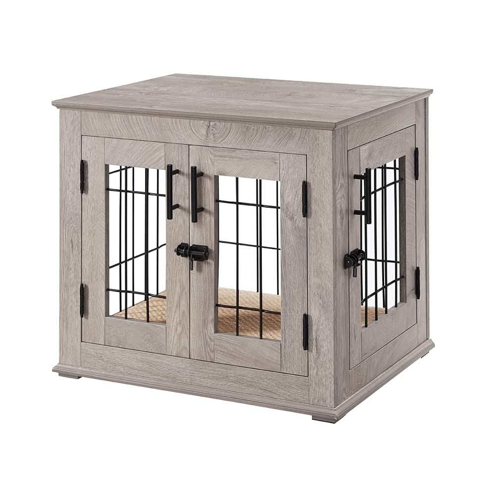 BeeNbkks Wooden Dog Crate End Table with Double Doors - Stylish Wire Kennel & Removable Pet Bed for Medium to Large Dogs - Perfect Indoor Dog House for Living Room, Bedroom or Office Decor