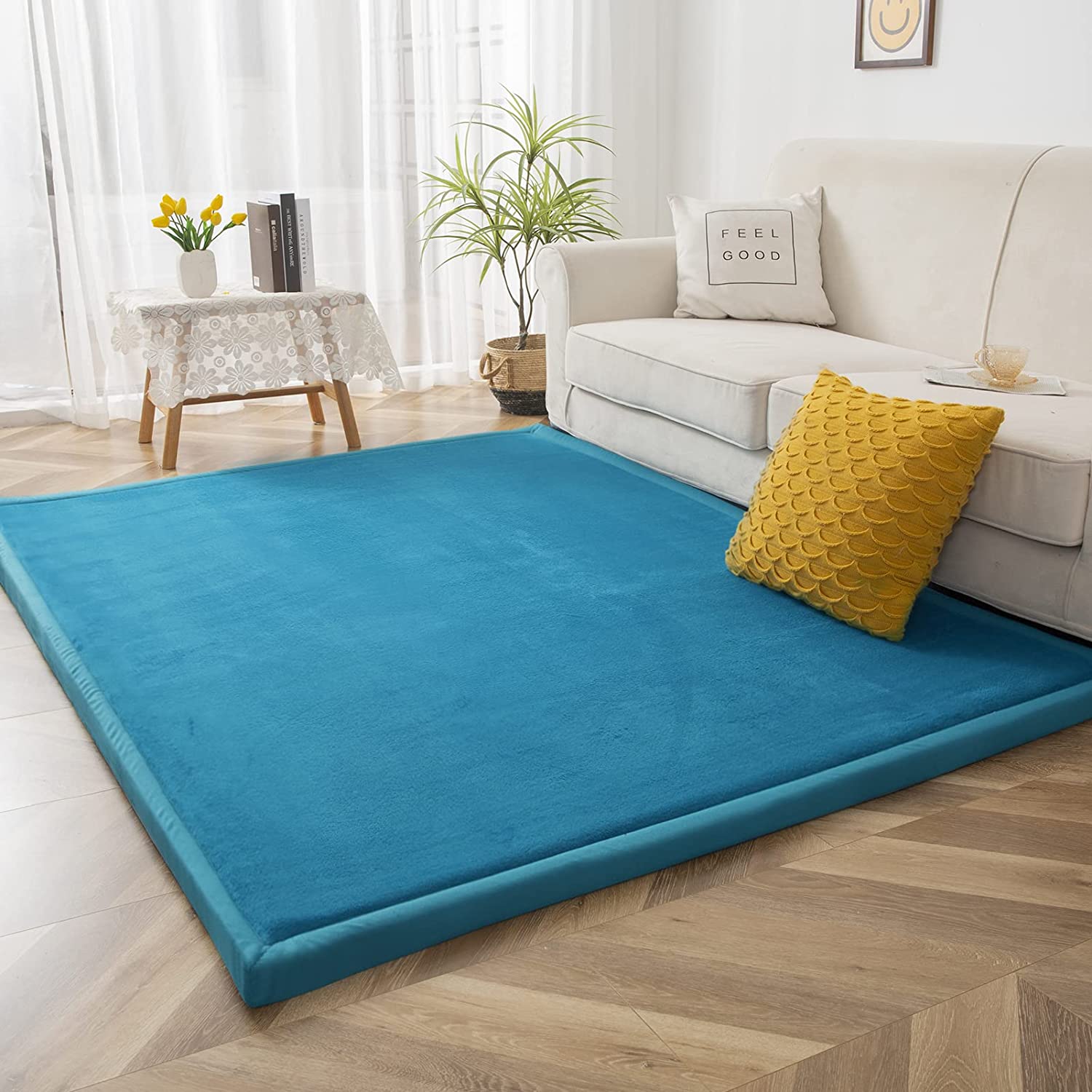 MAXYOYO Baby Play Mat - Soft Coral Velvet Thick Japanese Tatami Rug with Non-Slip Backing, Turquoise - Perfect for Nursery, Kids Room & Playtime Safety