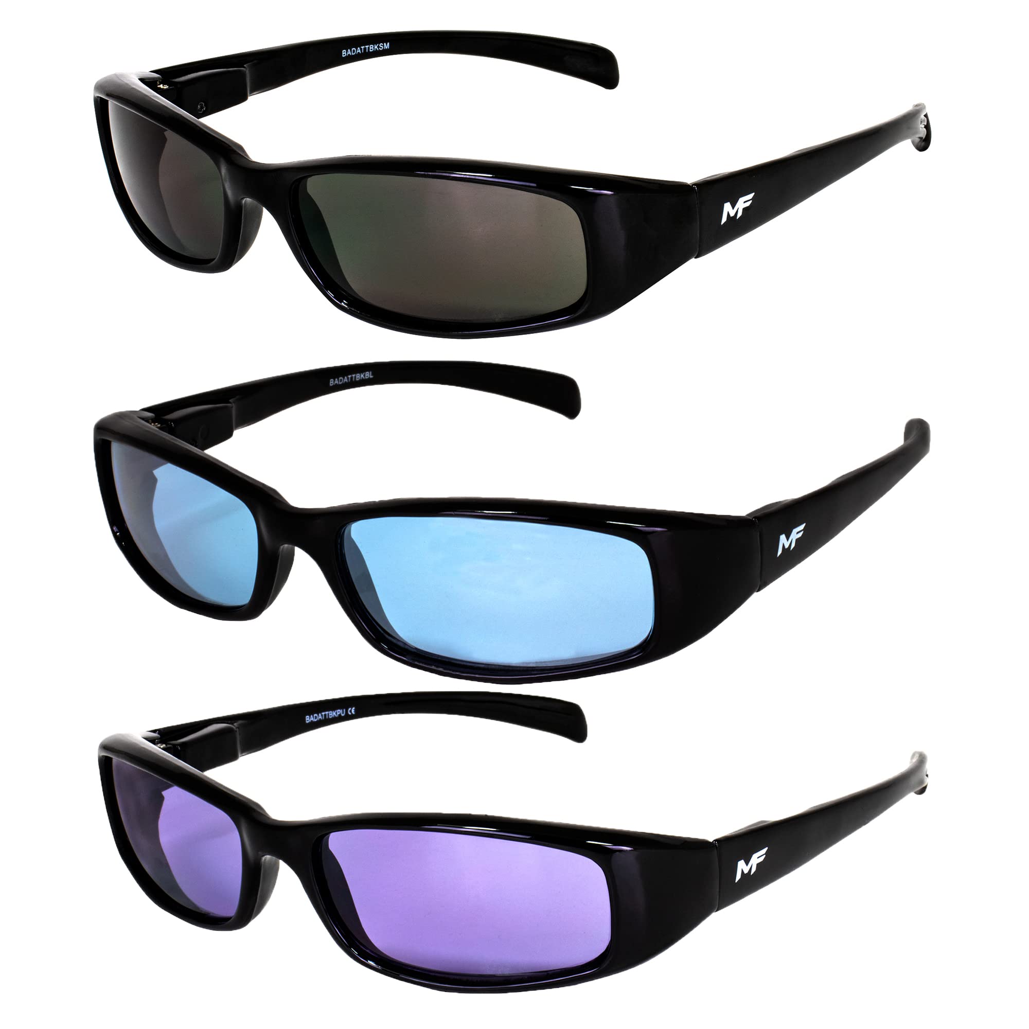 3 Pairs MF Eyewear Bad Attitude Motorcycle Glasses - Shatterproof Polycarbonate, UV400 Protection, Scratch-Resistant, Black Frame with Smoke Blue & Purple Lenses - Perfect for Motorcycle Riding, Cycling, and Outdoor Sports