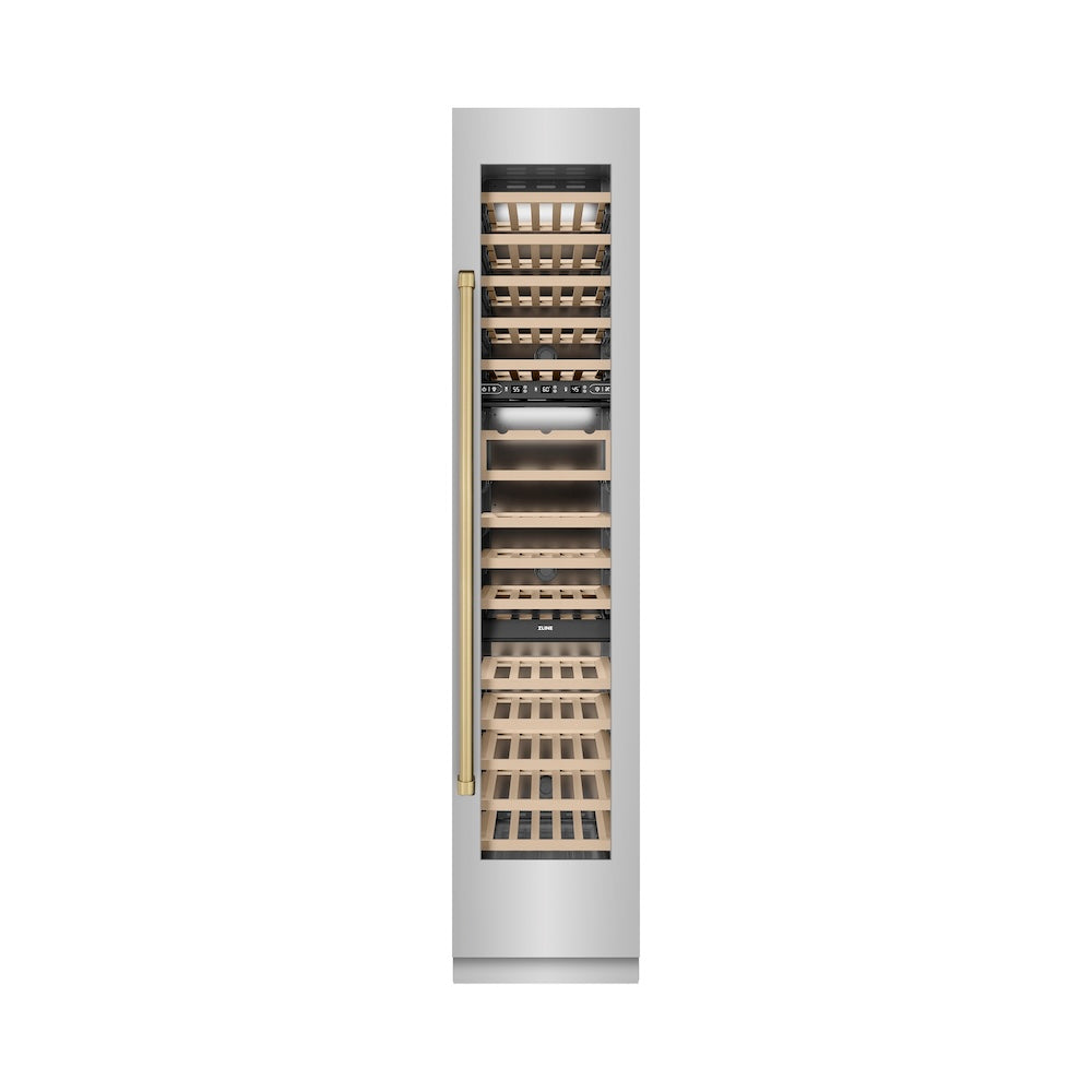ZLINE Autograph Edition 18 Inch 9.0 cu ft Triple Zone 68 Bottle Right Hinge Stainless Steel Column Wine Cooler with Champagne Bronze Accents - Perfect for Home Bars, Wine Cellars, and Entertaining (RCWVRZ 30418 CB)