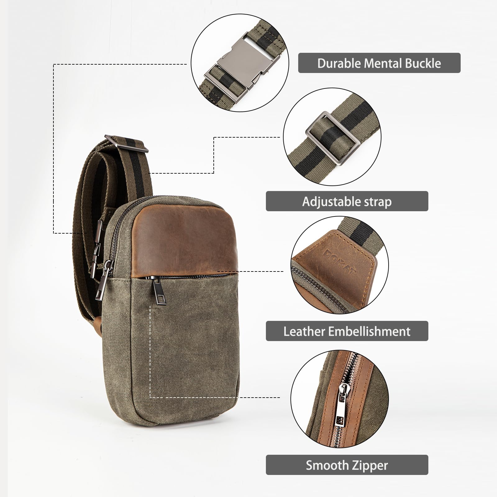 Vintage Waxed Canvas Crossbody Bag for Men - Leather Trimmed Chest Sling Bag with Adjustable Buckle Strap | Perfect for Travel, Hiking & Everyday Carry