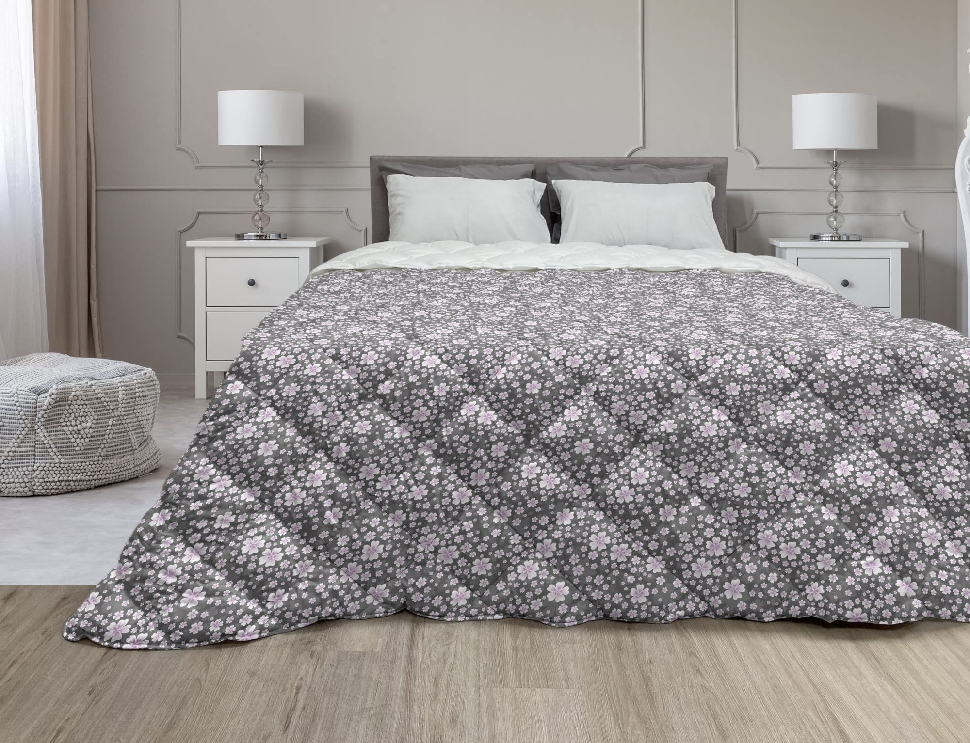 Ambesonne Floral Down Alternative Comforter King Size - Botanical Flowers Pattern Violet Blossom Design, All Season Microfiber Quilt in Grey Lilac - Perfect for Bedroom Decor, Guest Room & Cozy Home Styling