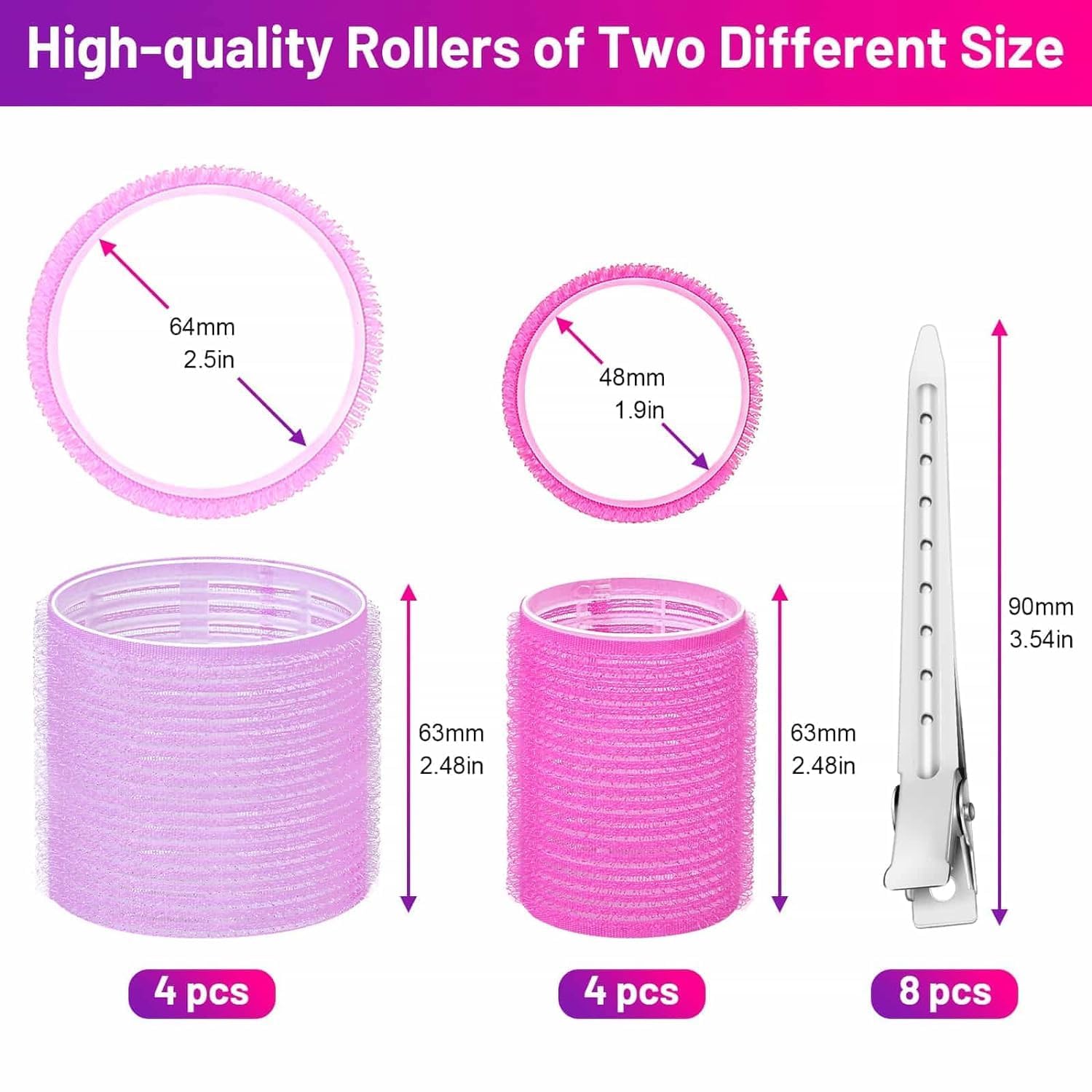 FITVERT 8-Piece Self-Grip Hair Rollers Set (4 Jumbo + 4 Large) with 8 Hair Clips - Heatless Curlers for Long, Medium & Short Hair - Adds Volume to Thick or Fine Hair - Perfect for Women's Styling at Home, Salon or Special Occasions