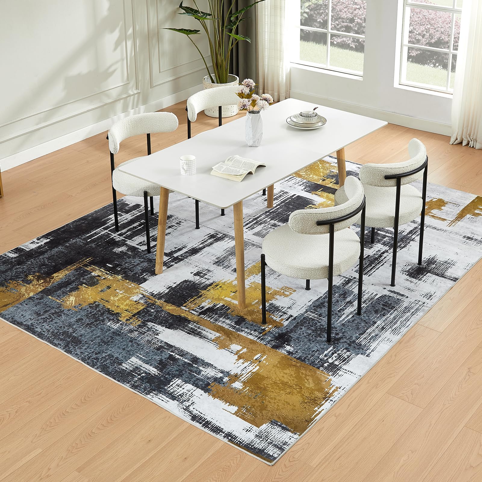 6'x9' Machine Washable Abstract Area Rug - Non-Slip Modern Woven Boho Carpet for Living Room, Bedroom, Kitchen & Office - Soft Home Decor in Black | Perfect for High-Traffic Areas & Pet-Friendly Spaces